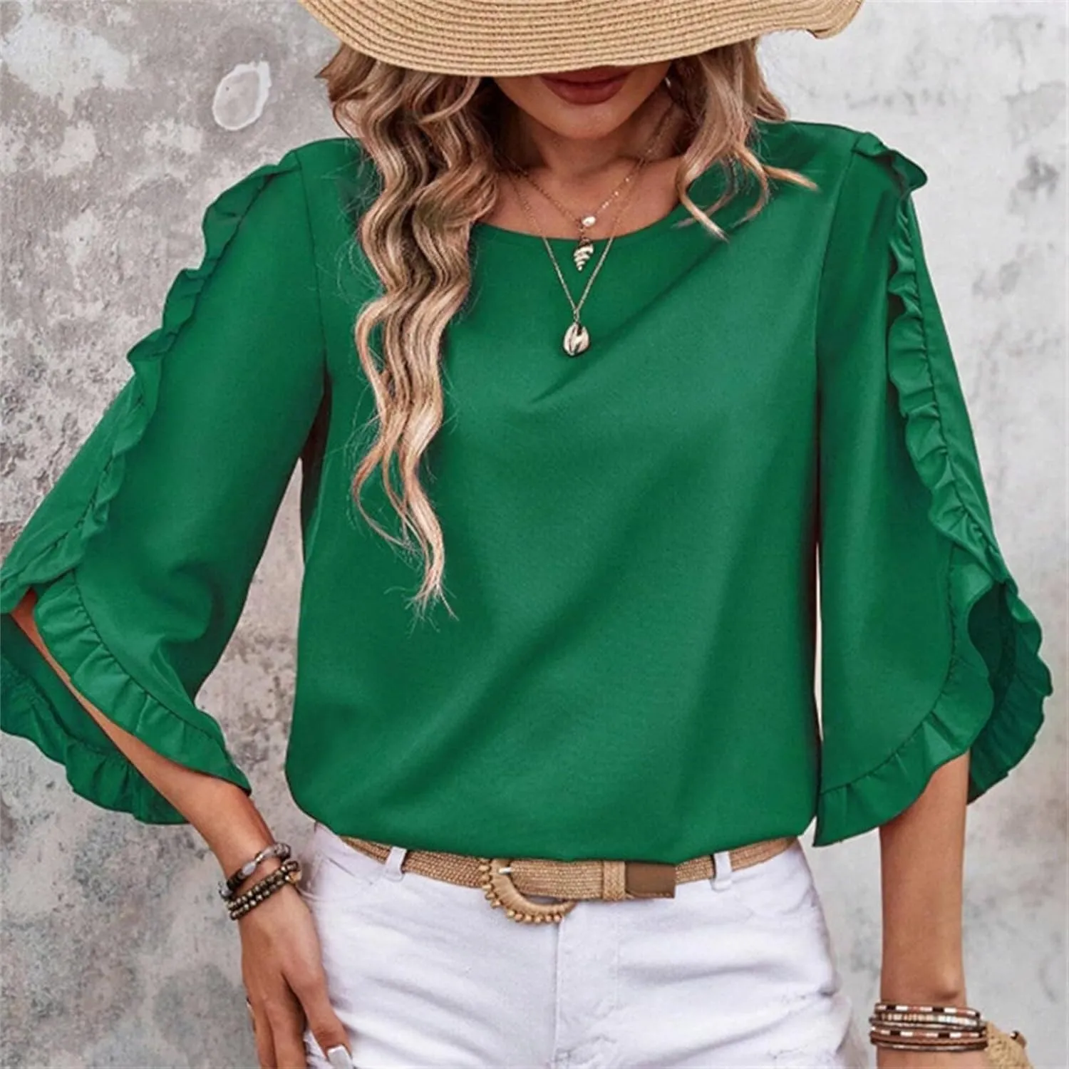 2025 Ruffle Bat Sleeve T Shirt for Women Boat Neck Tops Loose Dressy Casual Shirts Spring Summer Blouses Tees