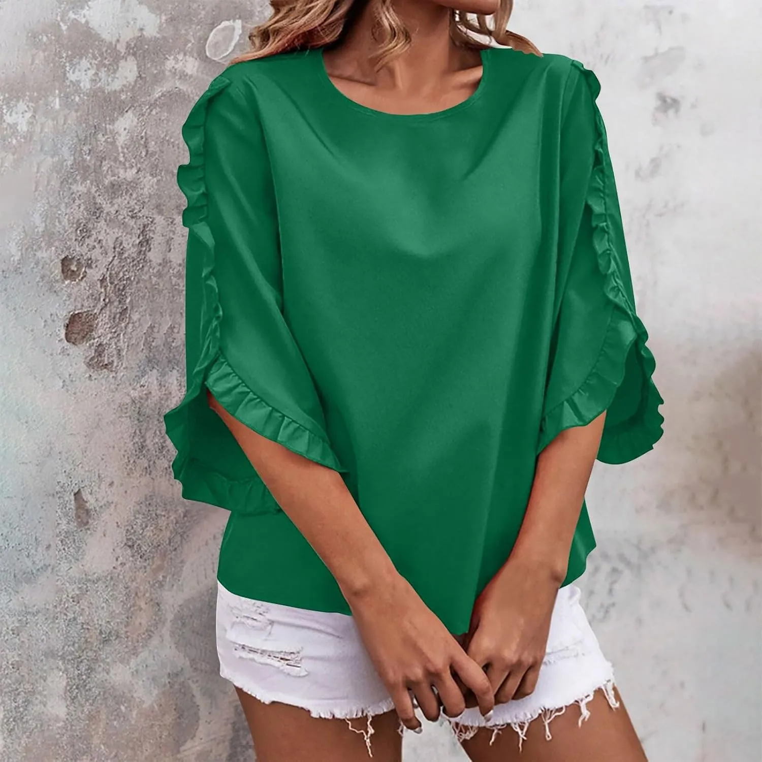 2025 Ruffle Bat Sleeve T Shirt for Women Boat Neck Tops Loose Dressy Casual Shirts Spring Summer Blouses Tees