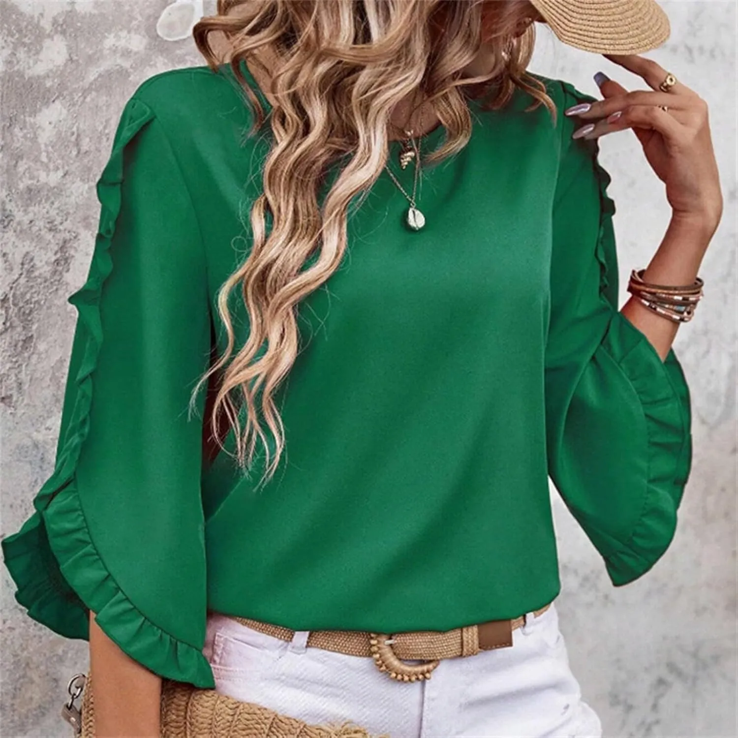 2025 Ruffle Bat Sleeve T Shirt for Women Boat Neck Tops Loose Dressy Casual Shirts Spring Summer Blouses Tees