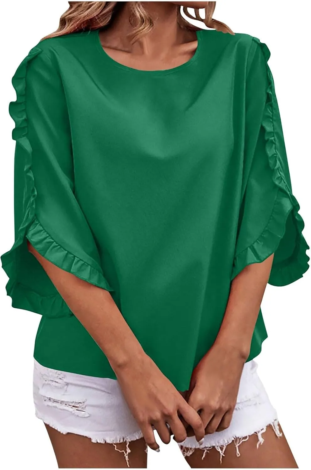 2025 Ruffle Bat Sleeve T Shirt for Women Boat Neck Tops Loose Dressy Casual Shirts Spring Summer Blouses Tees