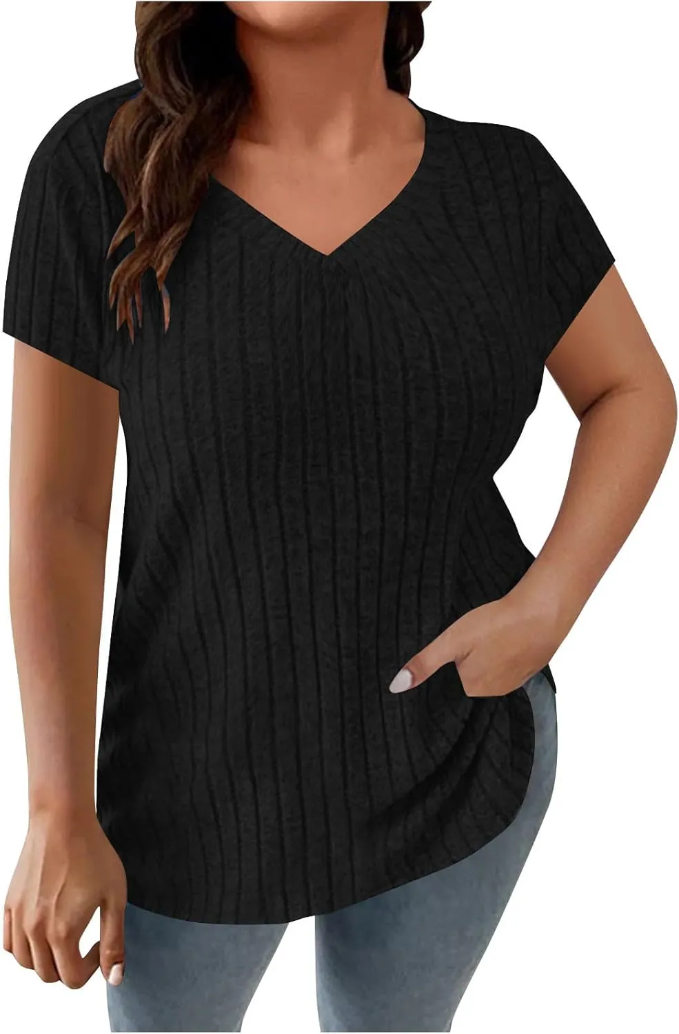 2025 Women's Plus Size Ribbed Tops Casual Trendy V Neck Solid Color Shirts Lightweight Short Sleeve Blouses Tees