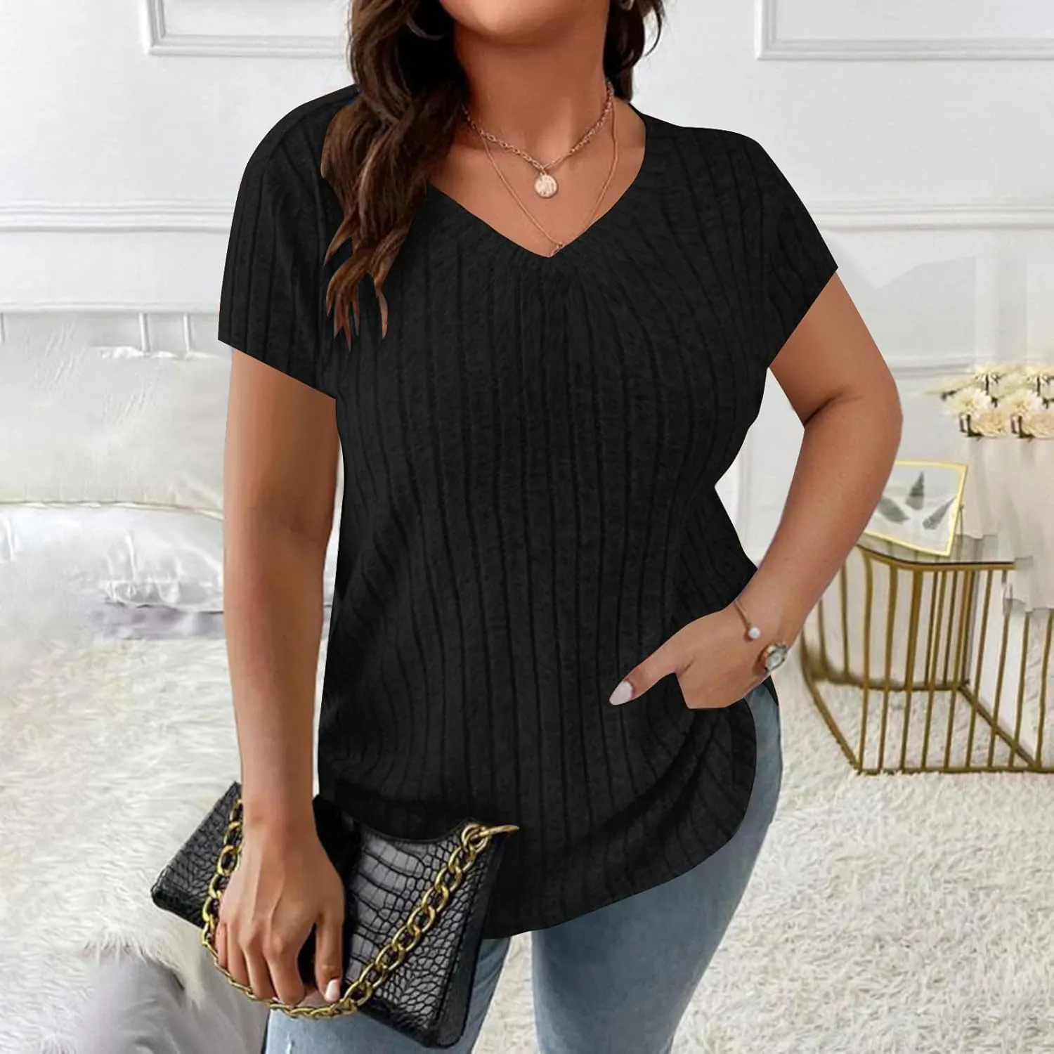 2025 Women's Plus Size Ribbed Tops Casual Trendy V Neck Solid Color Shirts Lightweight Short Sleeve Blouses Tees