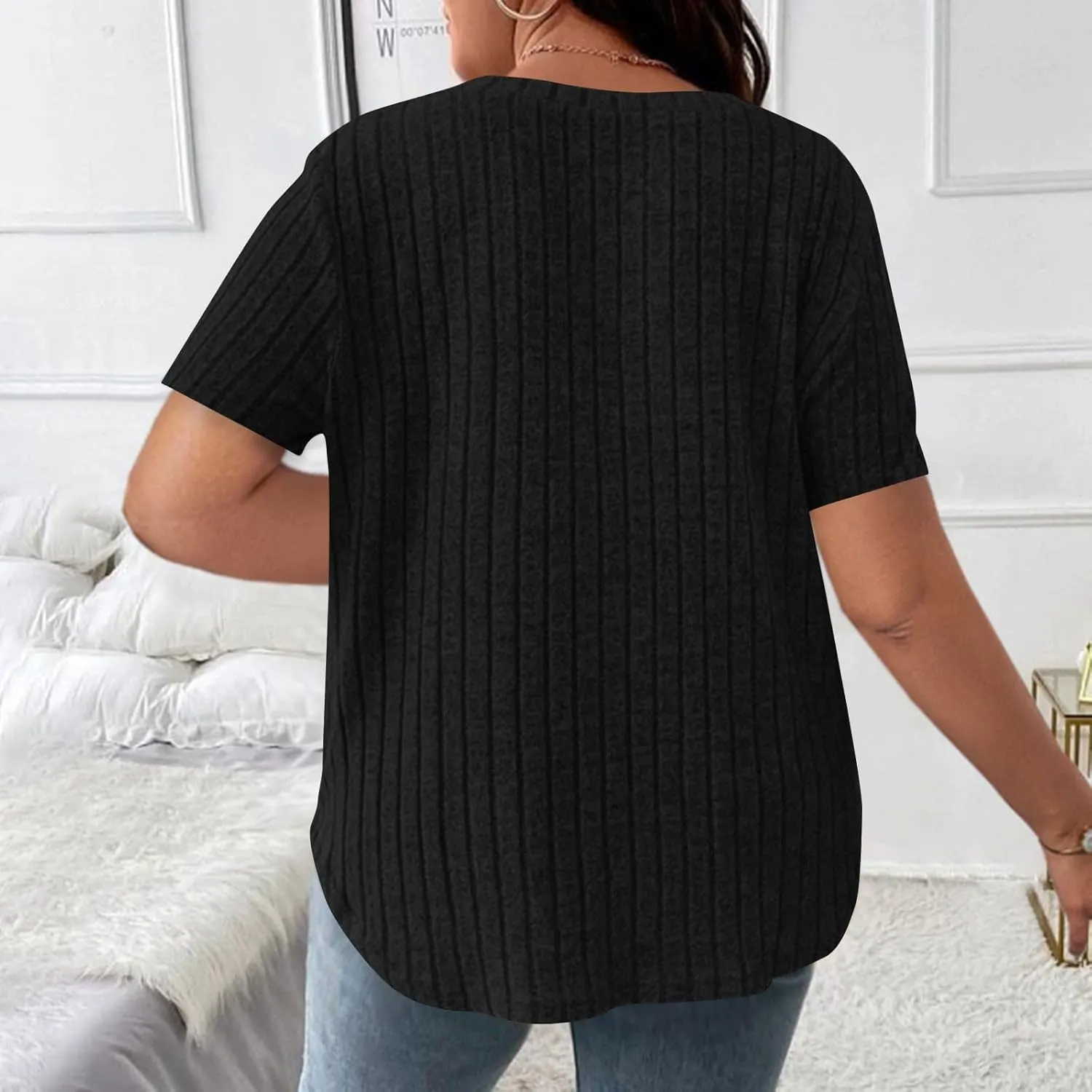 2025 Women's Plus Size Ribbed Tops Casual Trendy V Neck Solid Color Shirts Lightweight Short Sleeve Blouses Tees