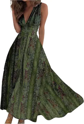 Beach Dresses for Women,Spring Summer Trendy Elegant V Neck Wrap Floral Boho Dress Flowy Ruched Hawaiian Maxi Dress