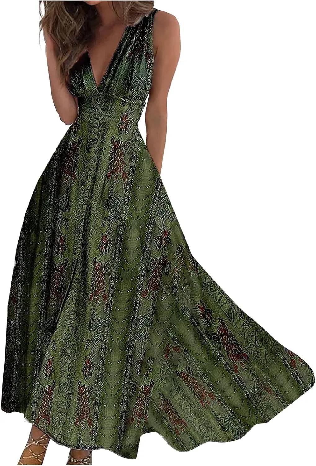 Beach Dresses for Women,Spring Summer Trendy Elegant V Neck Wrap Floral Boho Dress Flowy Ruched Hawaiian Maxi Dress