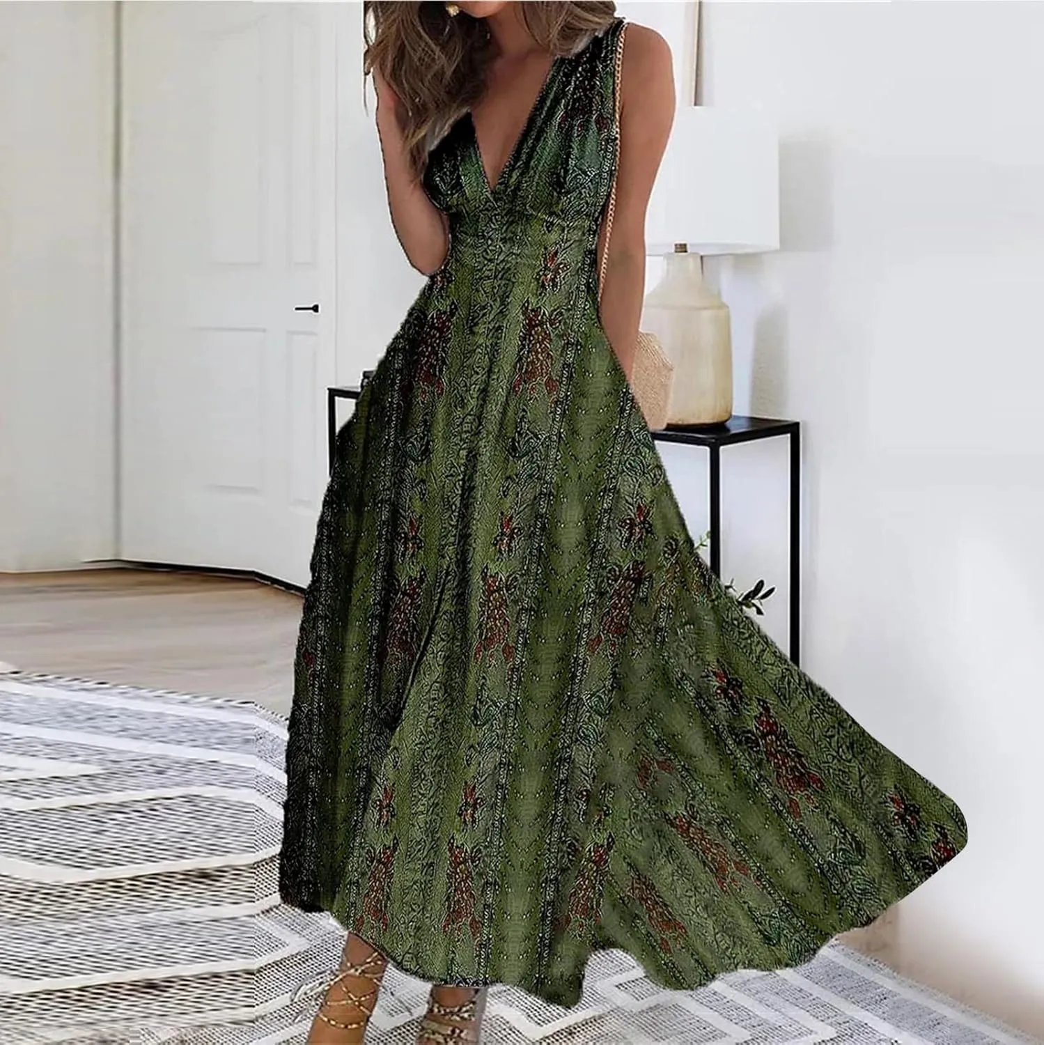 Beach Dresses for Women,Spring Summer Trendy Elegant V Neck Wrap Floral Boho Dress Flowy Ruched Hawaiian Maxi Dress