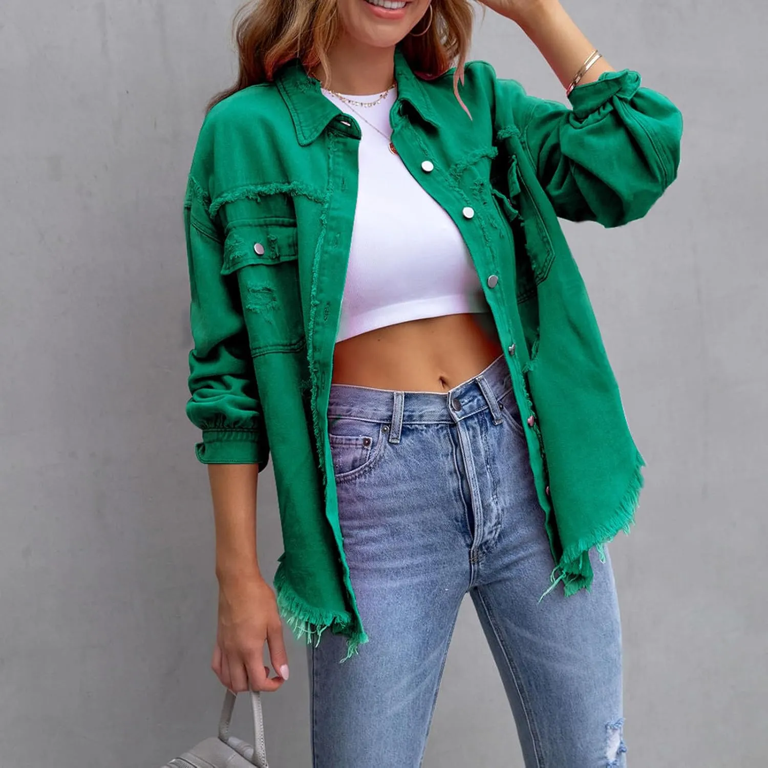 Beeuthios Womens Jean Jackets Trendy Classic Lapel Button Down Up Distressed Ripped Trucker Coats Denim Jackets