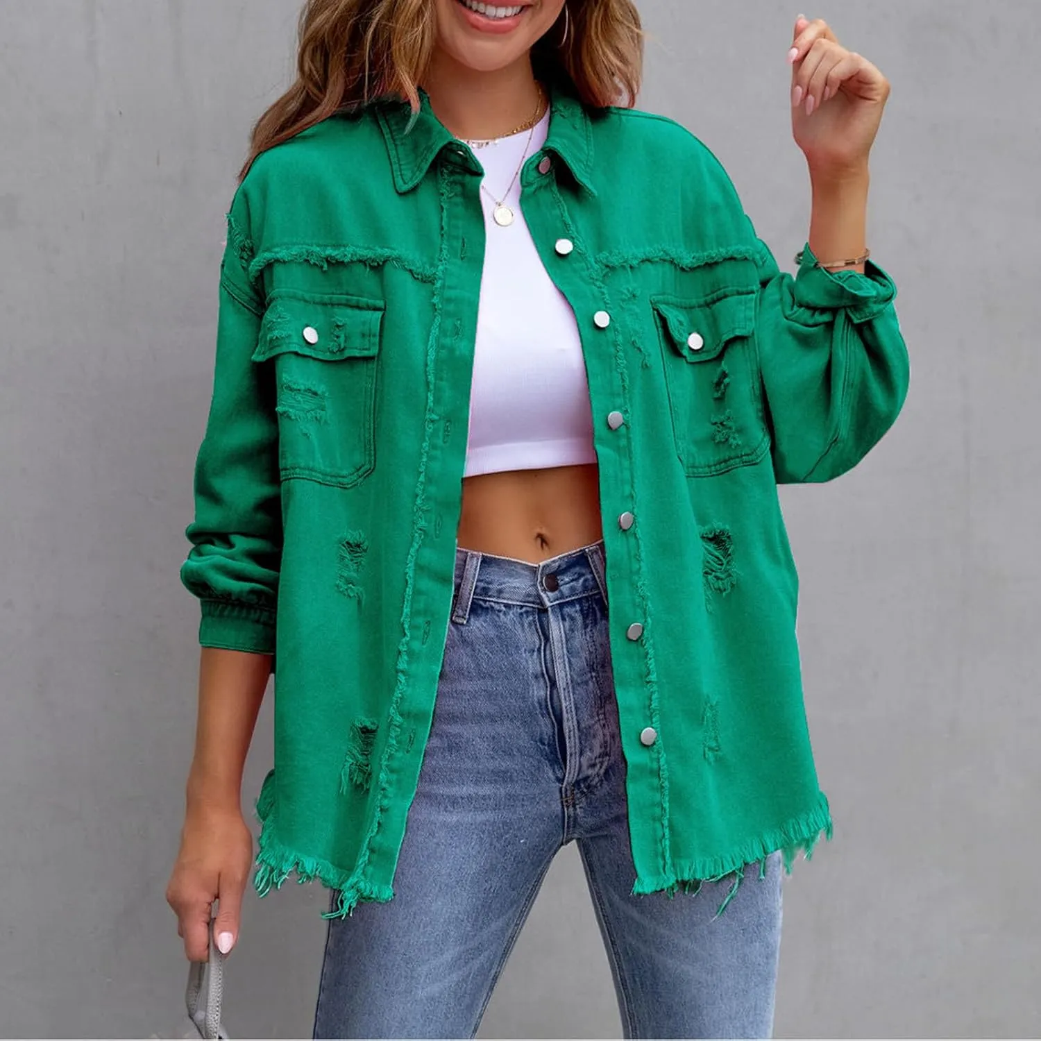 Beeuthios Womens Jean Jackets Trendy Classic Lapel Button Down Up Distressed Ripped Trucker Coats Denim Jackets