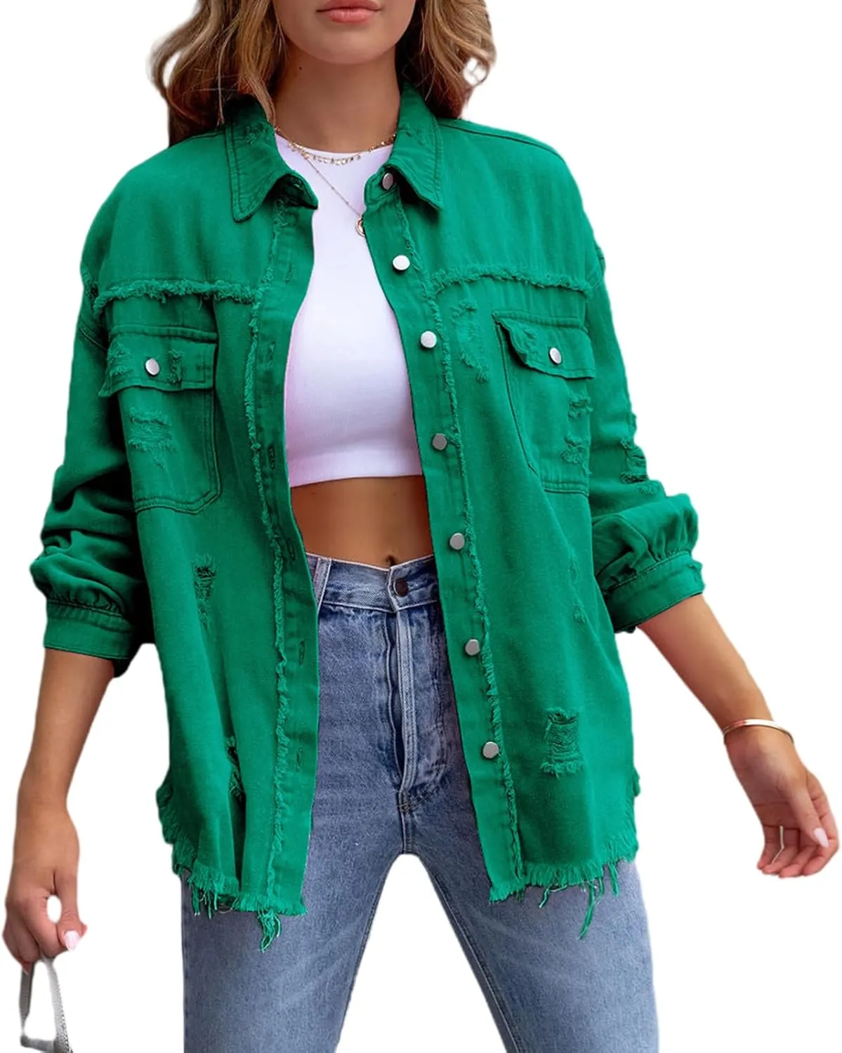 Beeuthios Womens Jean Jackets Trendy Classic Lapel Button Down Up Distressed Ripped Trucker Coats Denim Jackets