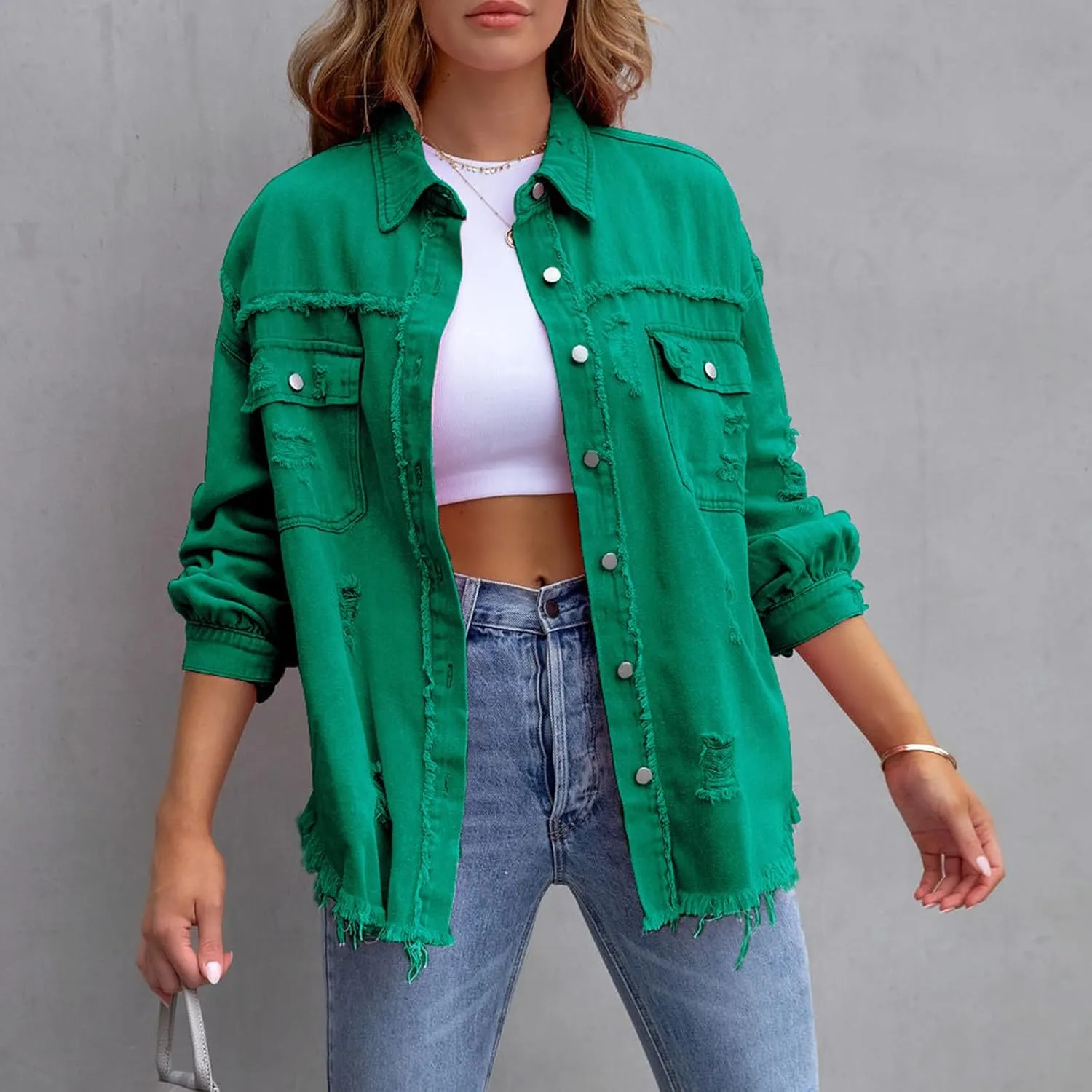 Beeuthios Womens Jean Jackets Trendy Classic Lapel Button Down Up Distressed Ripped Trucker Coats Denim Jackets