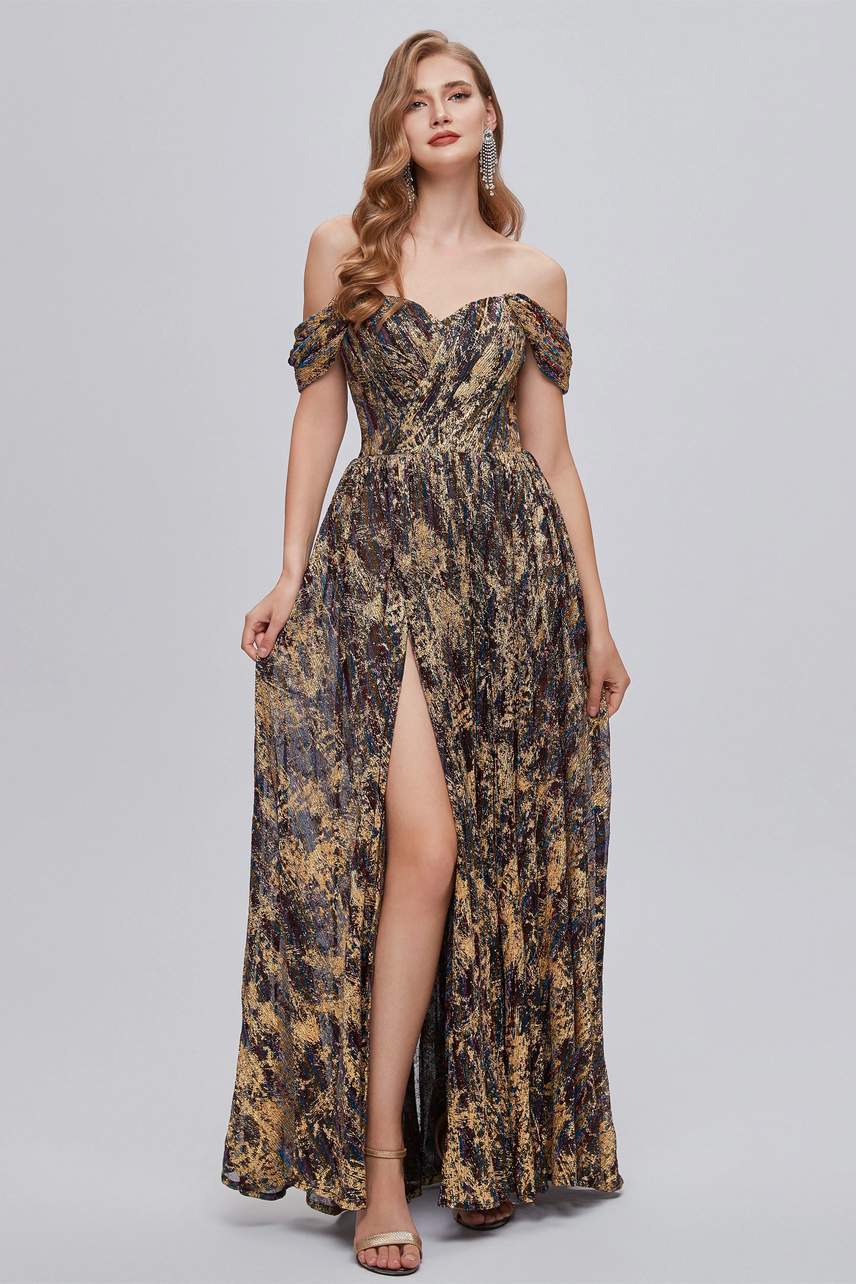 Black and Brown Floral Print Off-the-Shoulder A-Line Long Prom Dress