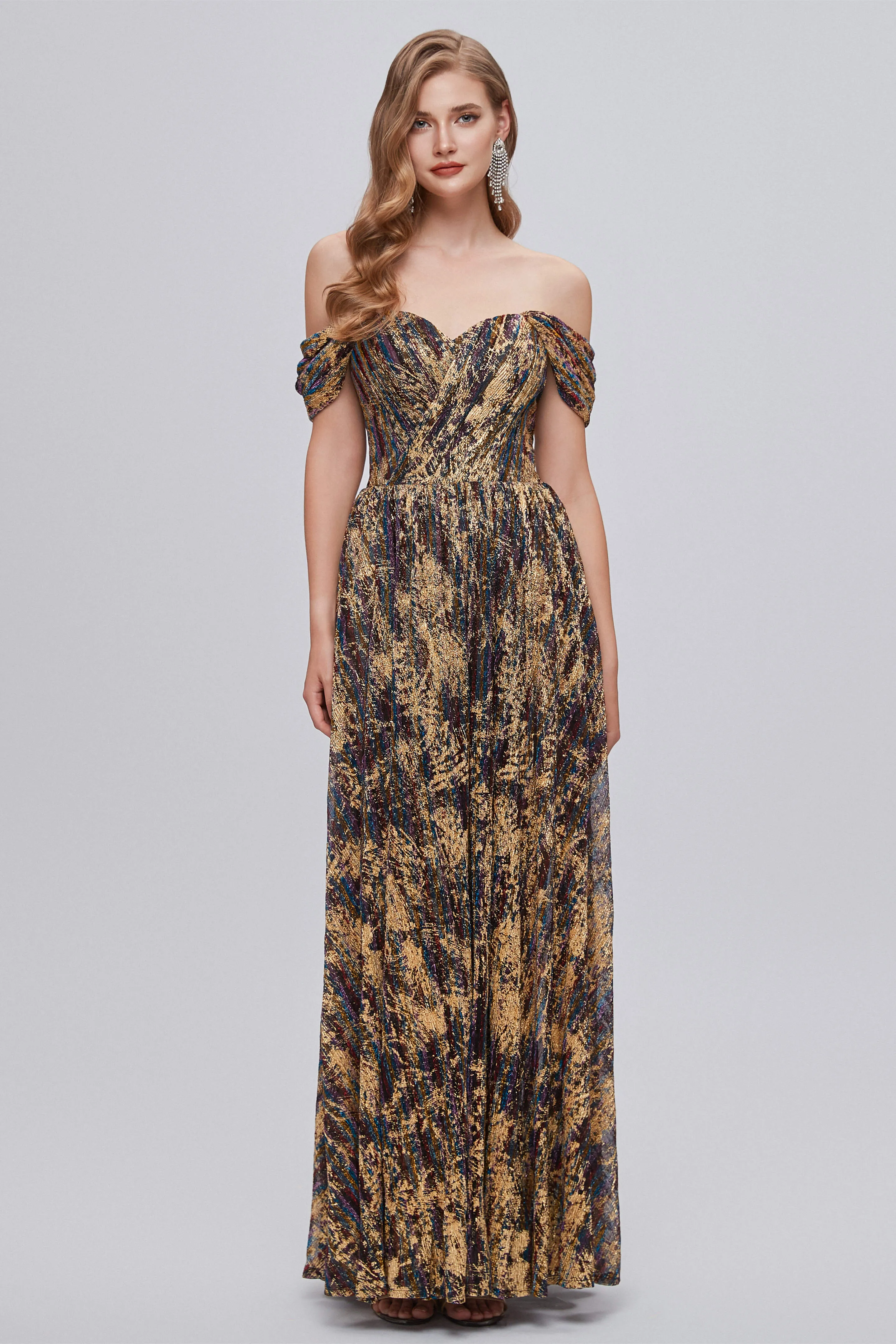 Black and Brown Floral Print Off-the-Shoulder A-Line Long Prom Dress