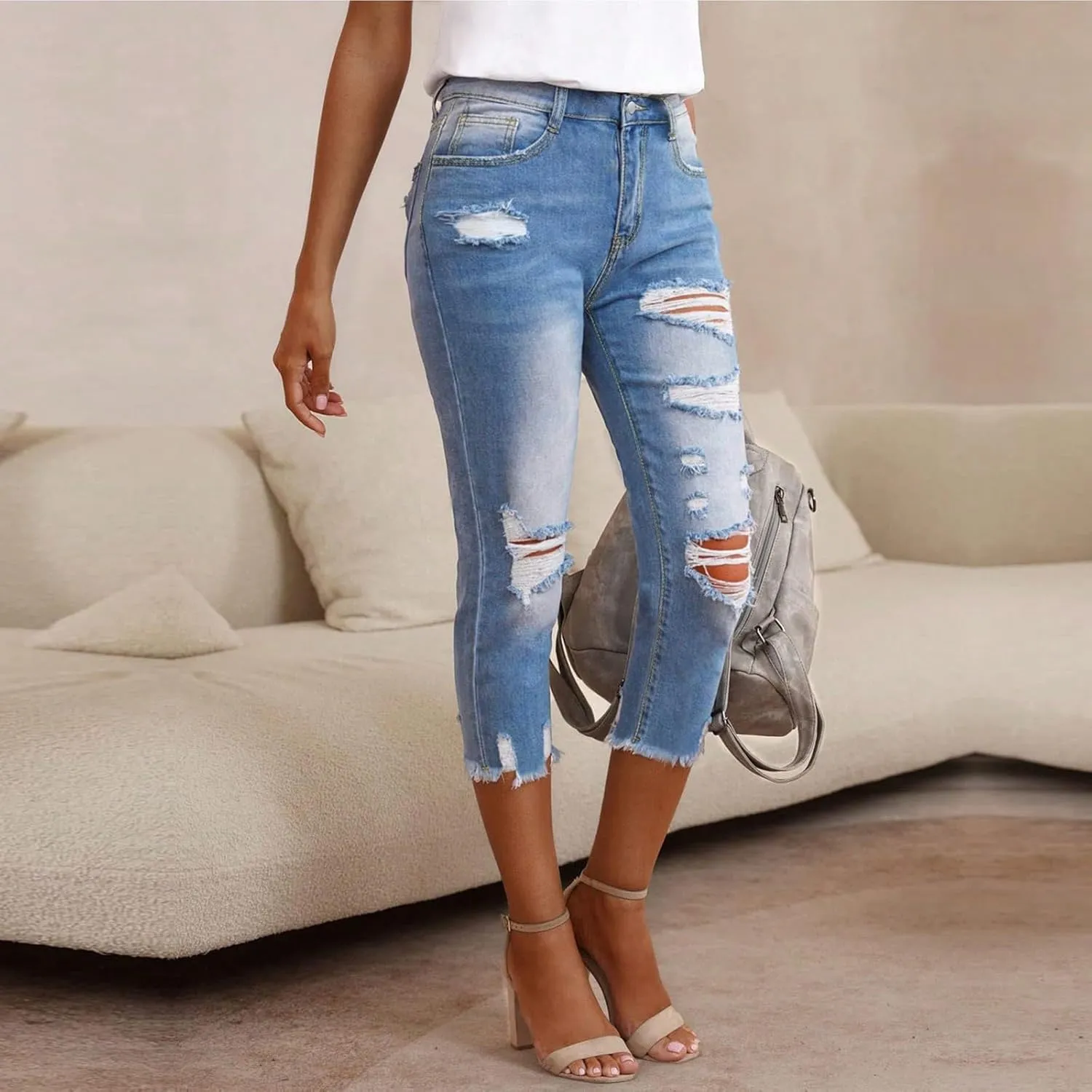 Capri Ripped Jeans for Women Low Rise Distressed Denim Capris Vintage Wash Skinny Jeans Cropped Pants with Pockets