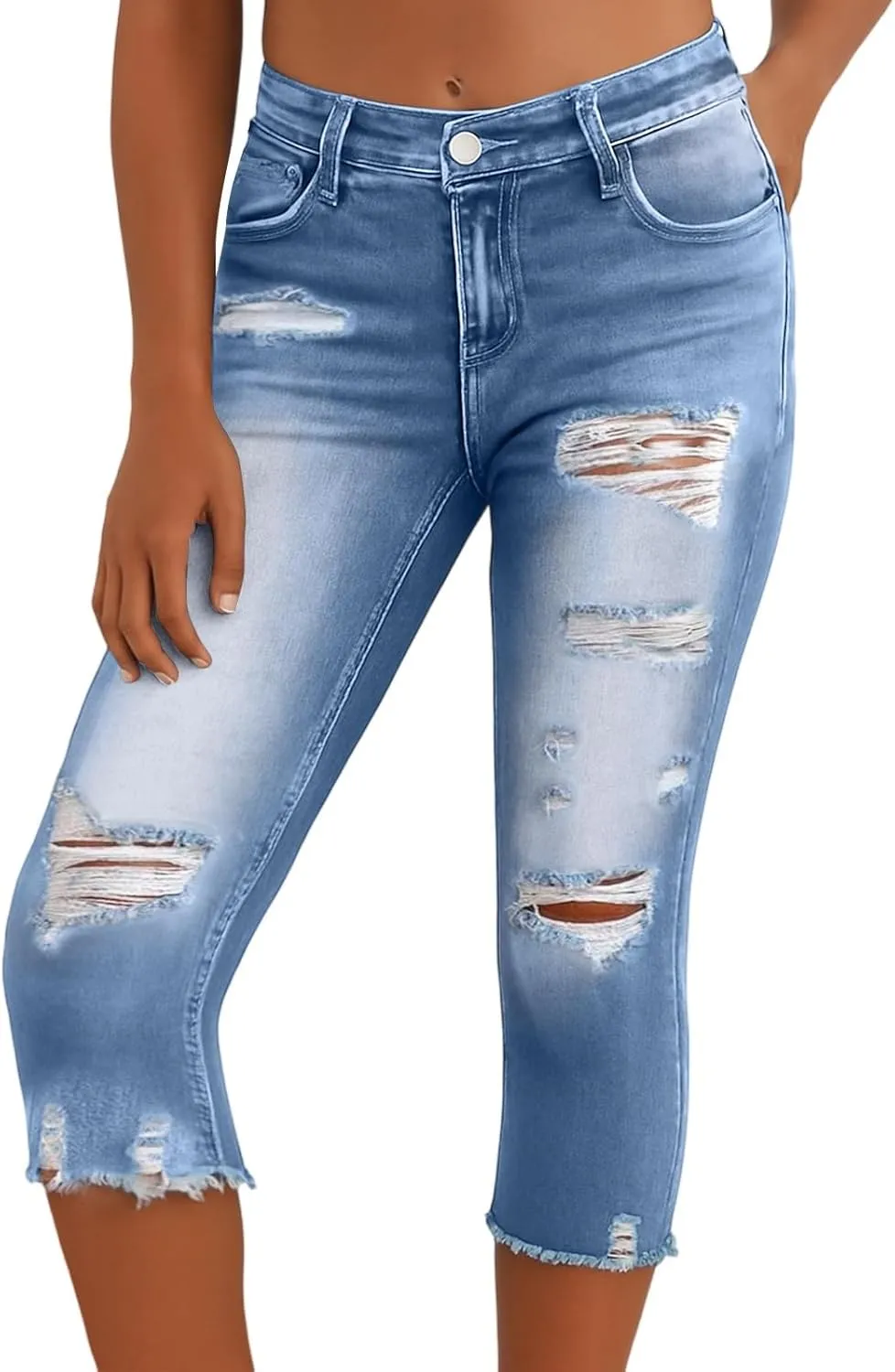 Capri Ripped Jeans for Women Low Rise Distressed Denim Capris Vintage Wash Skinny Jeans Cropped Pants with Pockets