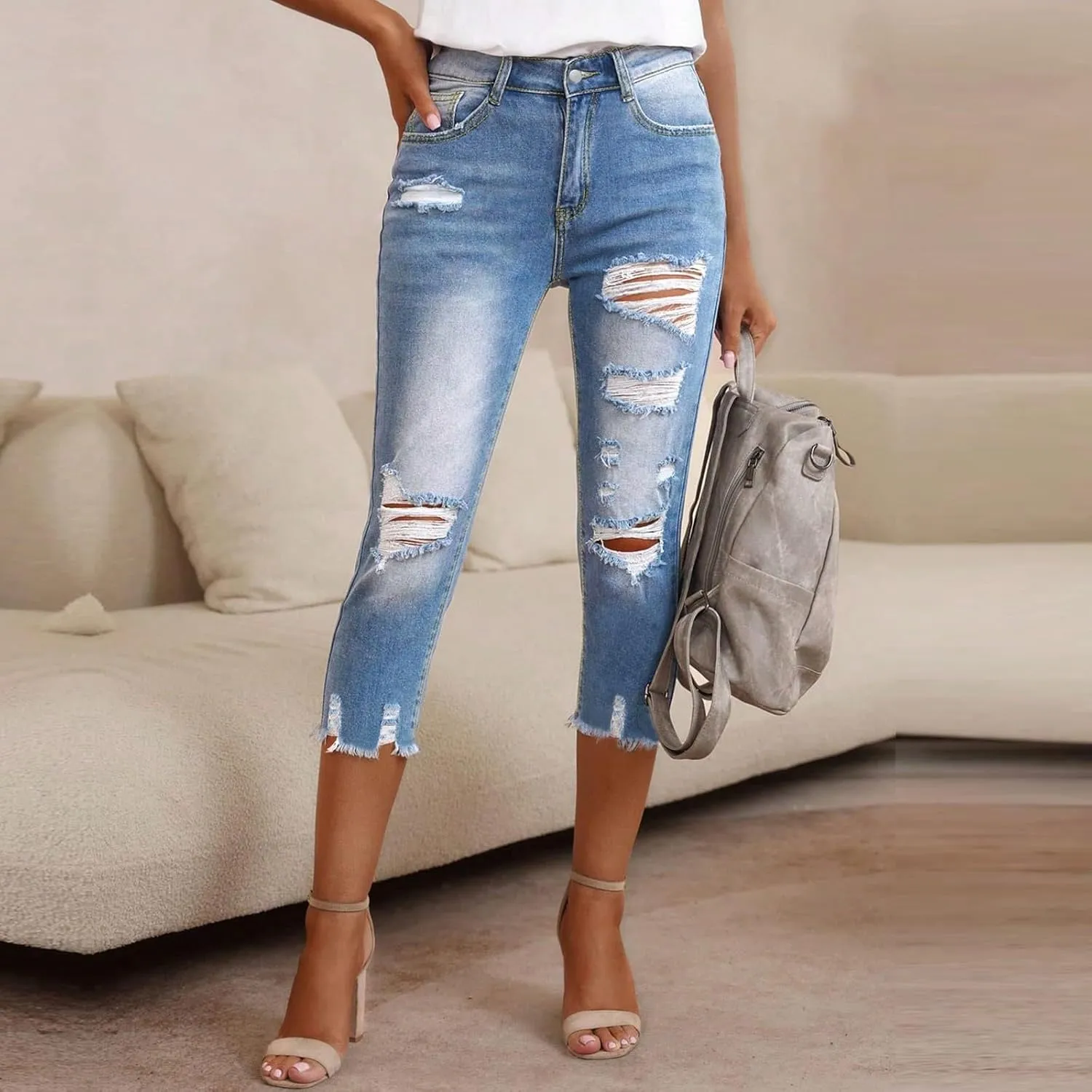 Capri Ripped Jeans for Women Low Rise Distressed Denim Capris Vintage Wash Skinny Jeans Cropped Pants with Pockets