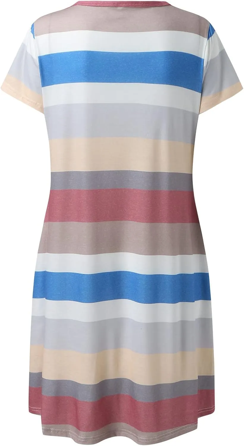 Casual Dresses for Women Short Sleeve Crew Neck T Shirt Dress with Pockets Loose Striped Color Block Summer Dresses