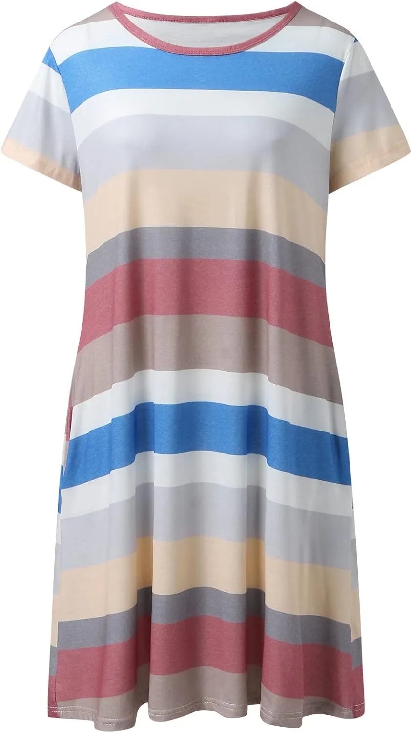 Casual Dresses for Women Short Sleeve Crew Neck T Shirt Dress with Pockets Loose Striped Color Block Summer Dresses