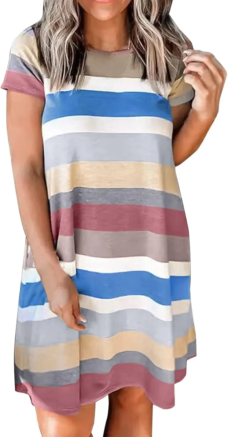 Casual Dresses for Women Short Sleeve Crew Neck T Shirt Dress with Pockets Loose Striped Color Block Summer Dresses
