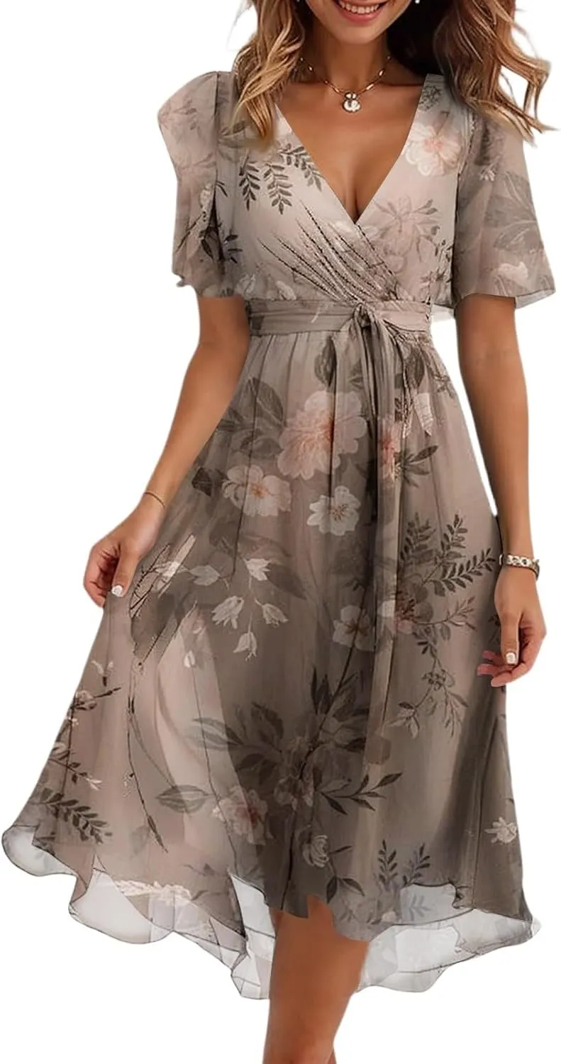 Chiffon Dresses for Women Summer Sexy Wrap V Neck Cocktail Party Dresses Floral Print Flowy Wedding Guest Midi Dress