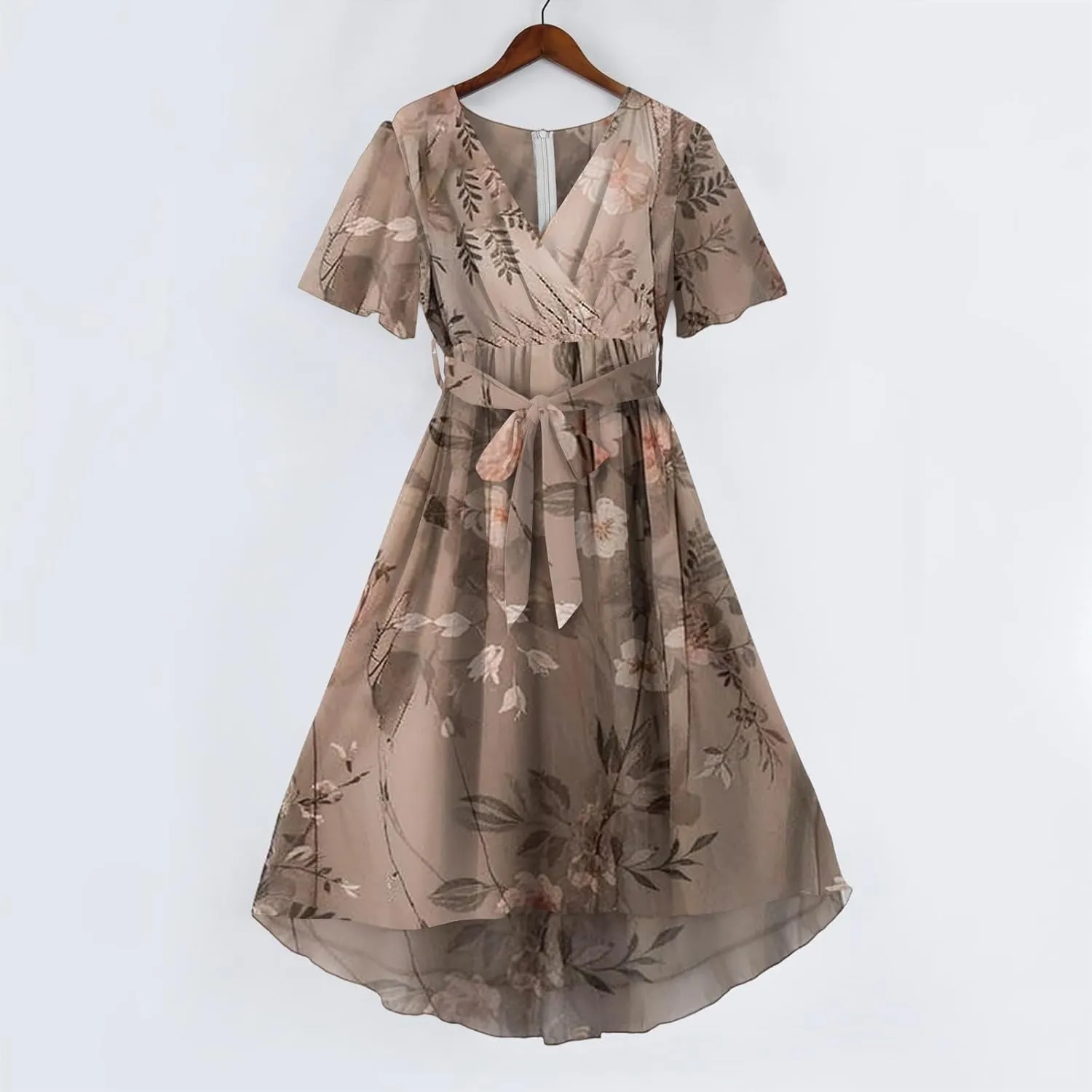 Chiffon Dresses for Women Summer Sexy Wrap V Neck Cocktail Party Dresses Floral Print Flowy Wedding Guest Midi Dress