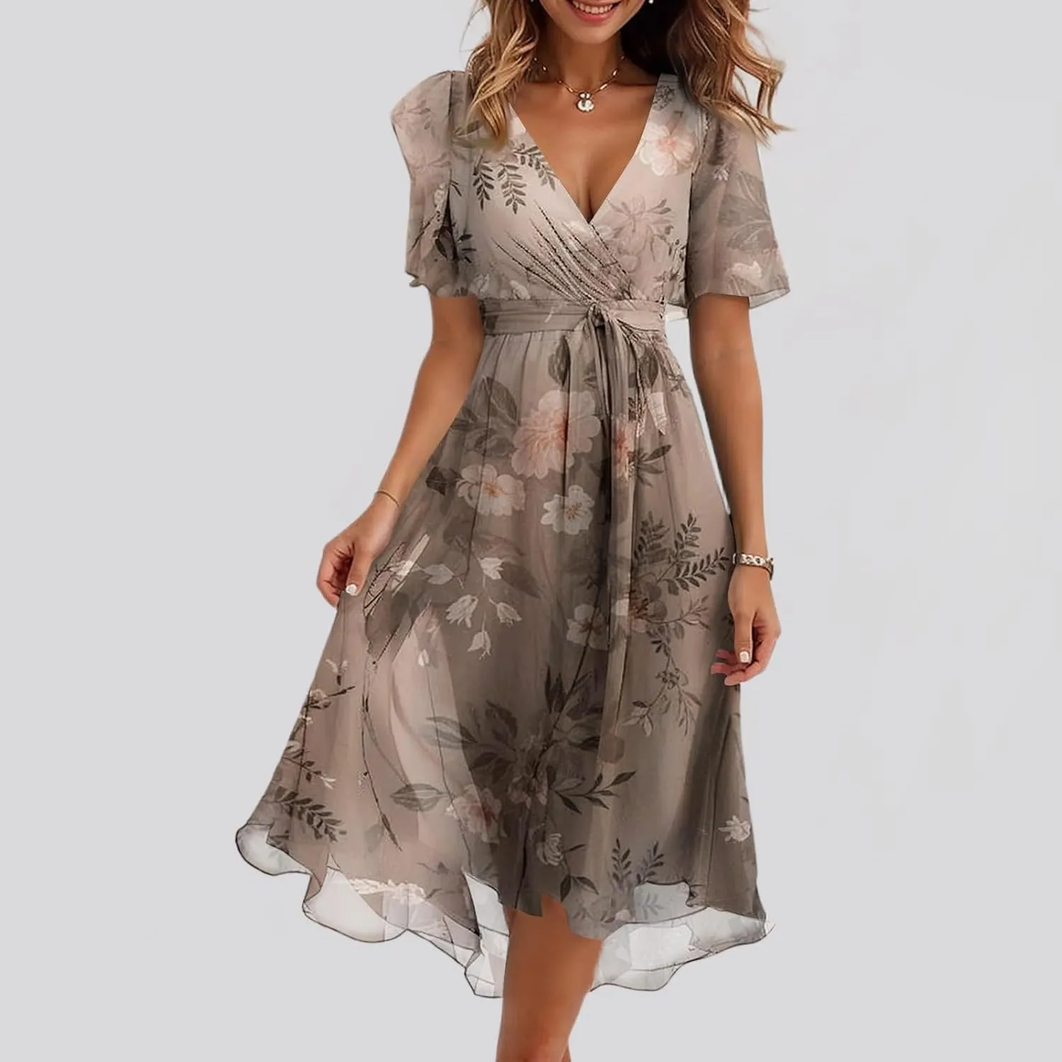 Chiffon Dresses for Women Summer Sexy Wrap V Neck Cocktail Party Dresses Floral Print Flowy Wedding Guest Midi Dress