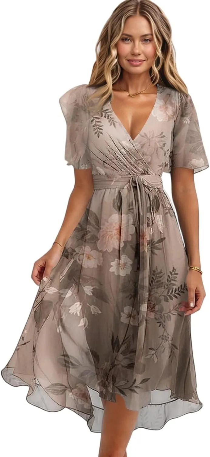 Chiffon Dresses for Women Summer Sexy Wrap V Neck Cocktail Party Dresses Floral Print Flowy Wedding Guest Midi Dress