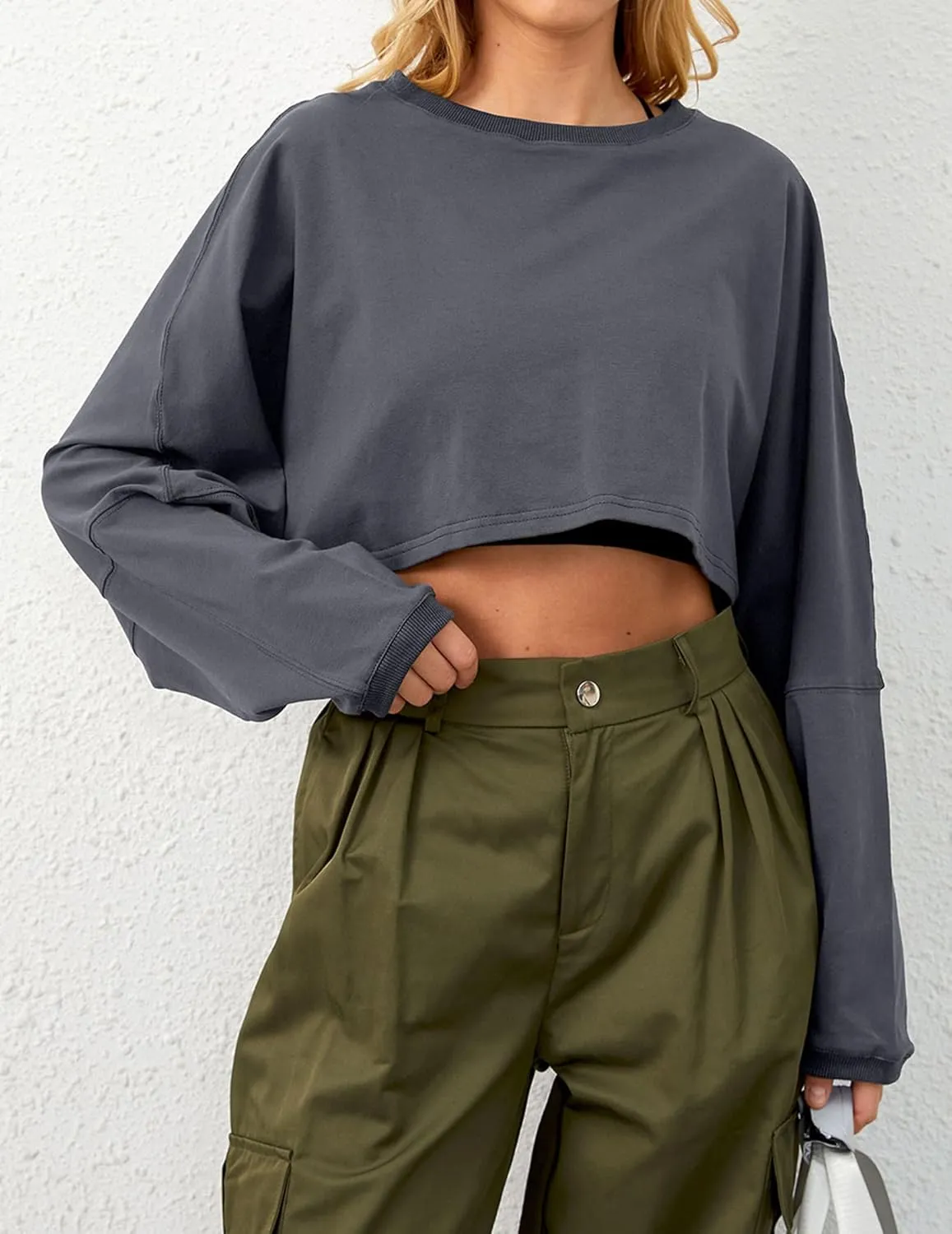 Cropped Sweatshirt Long Sleeve Crop Top Workout Oversized Sweatshirt Loose Crop Tops For Women Crewneck Sweatshirt