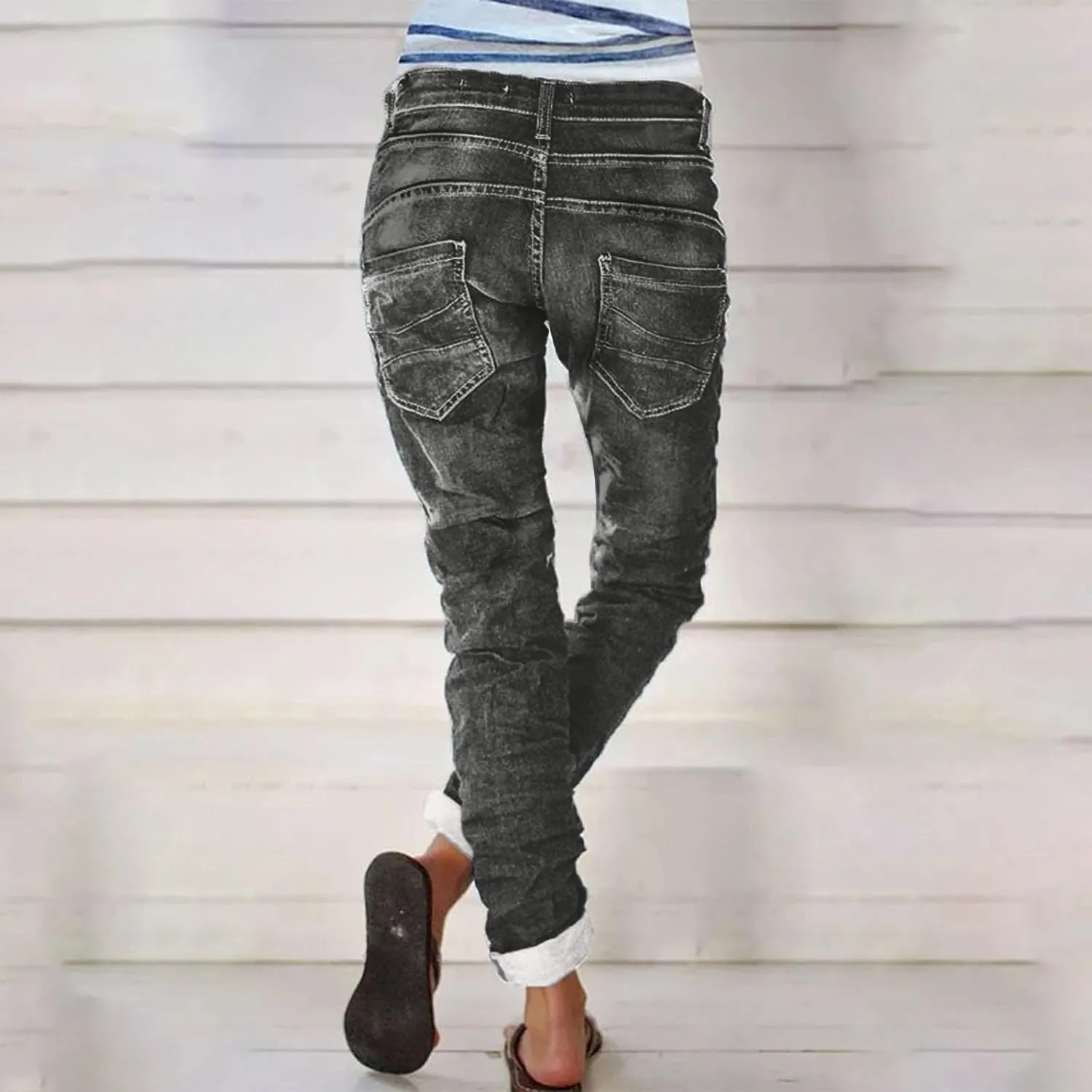 Distressed Jeans for Women Slim Straight Cuffed Crop Jeans Mid Waist Stretchy Washed Cute Boyfriend Denim Pants