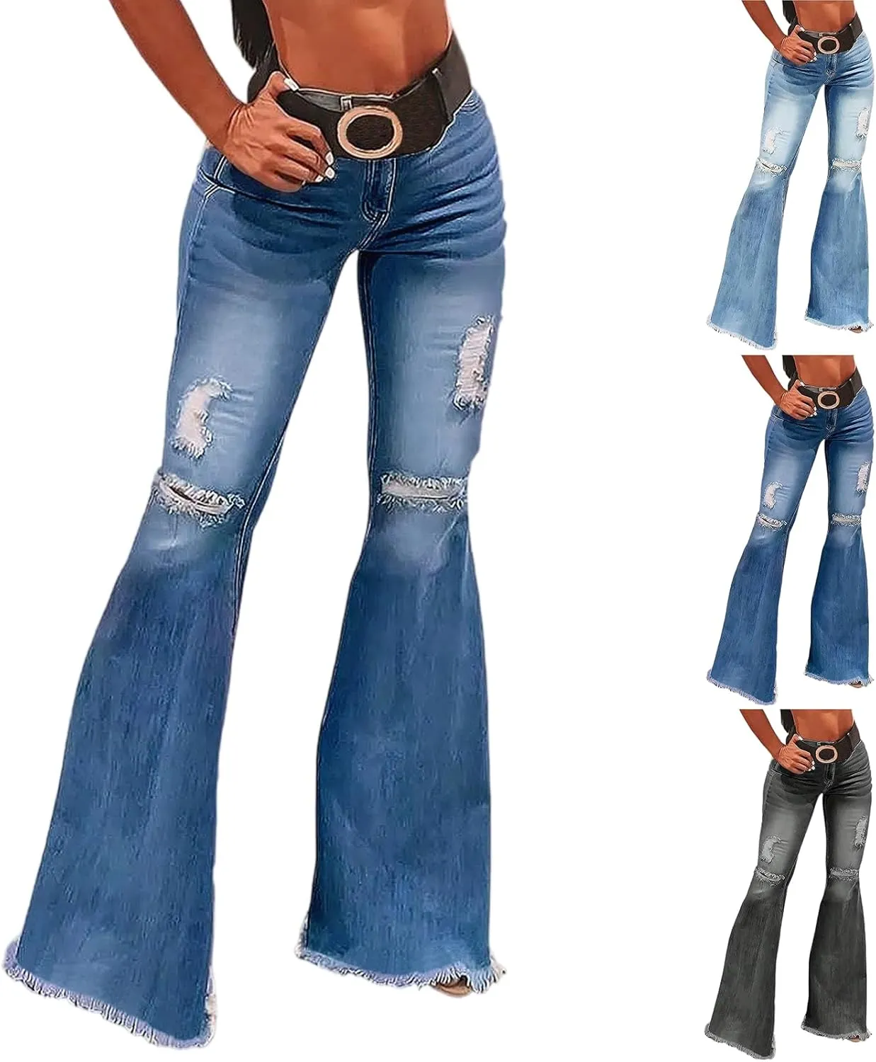 Flare Jeans for Women Plus Size Ripped Skinny Raw Hem Stretchy High Waisted Denim Bootcut Bell Bottoms with Pockets