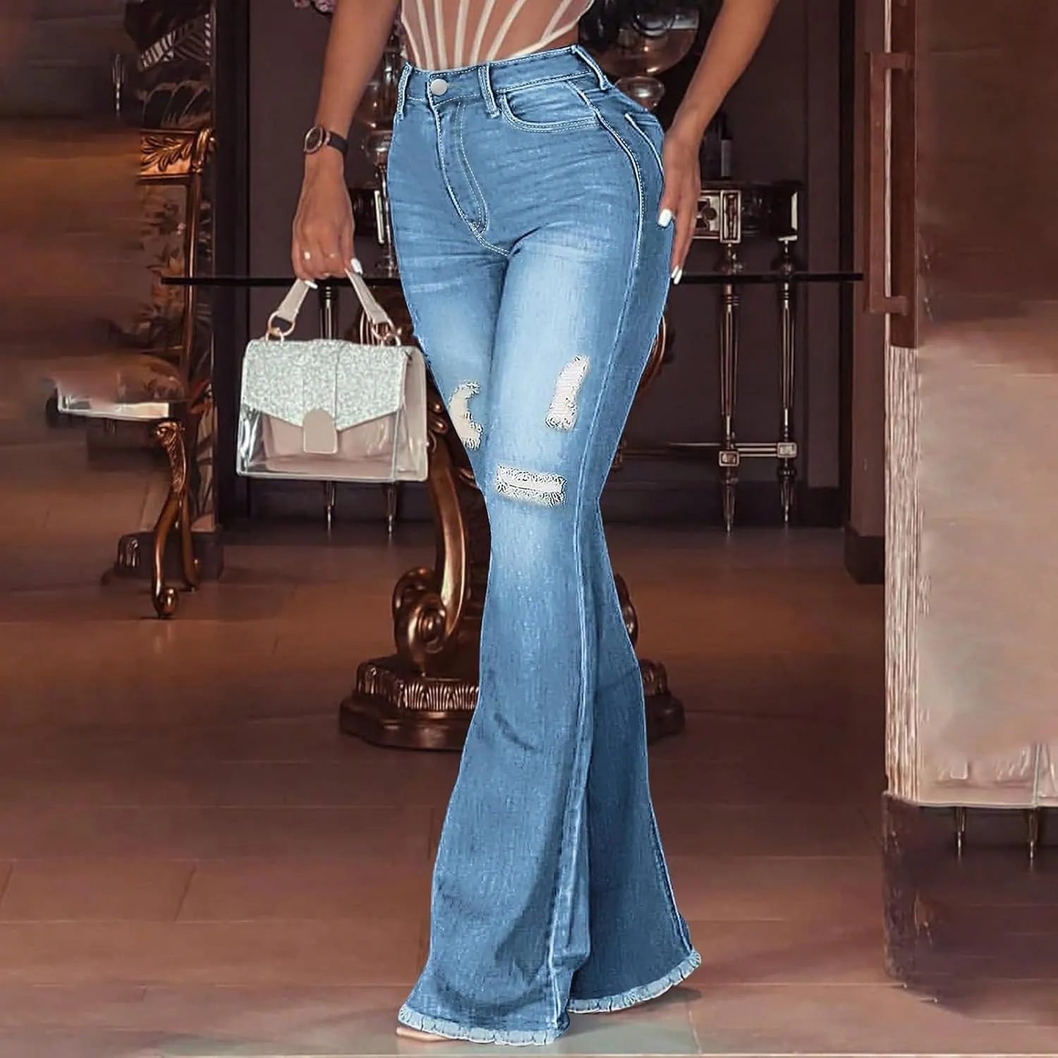 Flare Jeans for Women Plus Size Ripped Skinny Raw Hem Stretchy High Waisted Denim Bootcut Bell Bottoms with Pockets