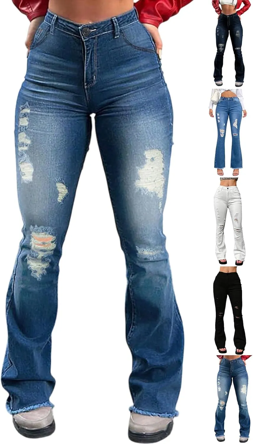 Flare Ripped Jeans Womens Bell Bottom Distressed Jeans Skinny Bootcut Pants High Waisted Denim Pants with Pockets