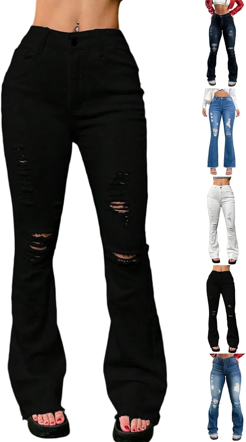 Flare Ripped Jeans Womens Bell Bottom Distressed Jeans Skinny Bootcut Pants High Waisted Denim Pants with Pockets