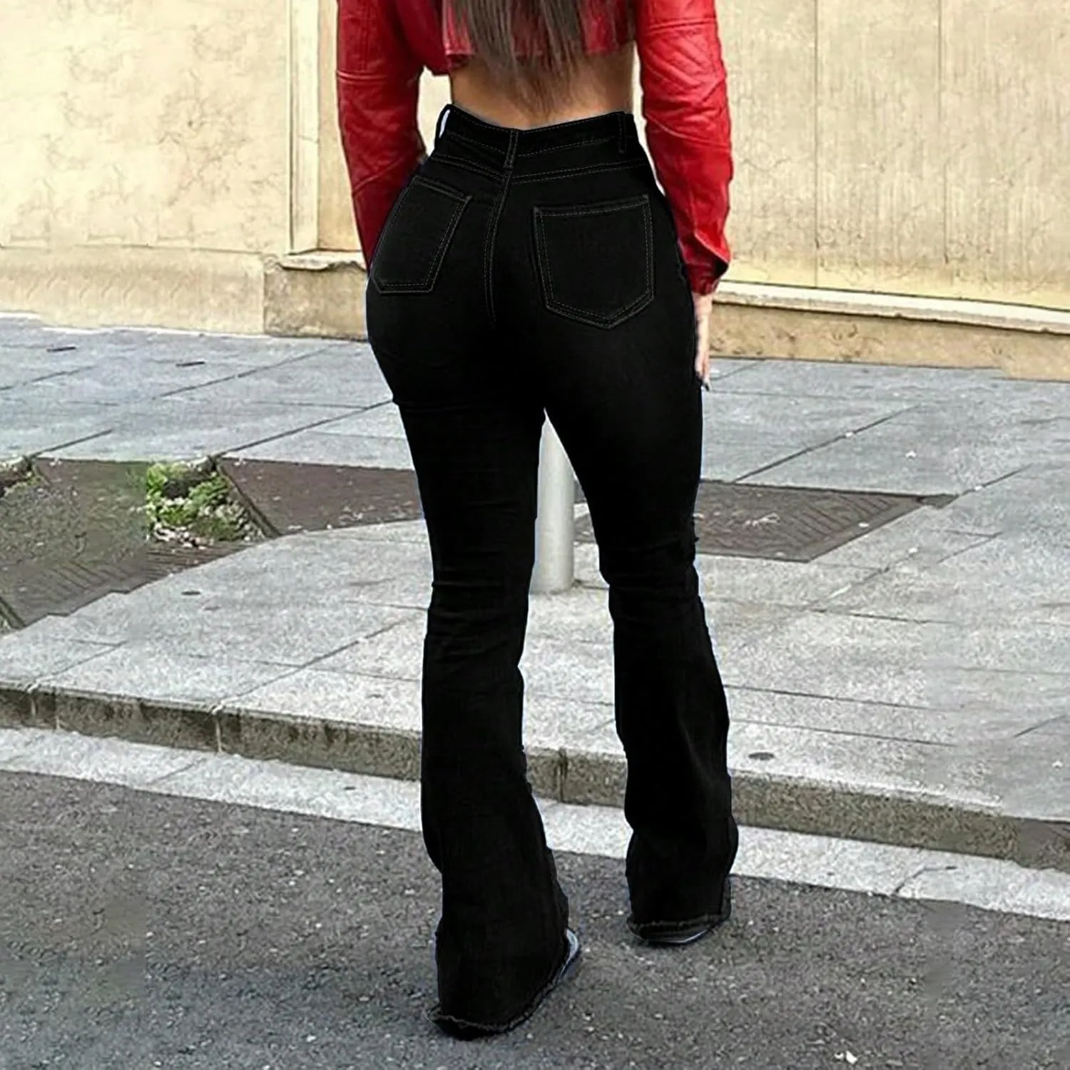 Flare Ripped Jeans Womens Bell Bottom Distressed Jeans Skinny Bootcut Pants High Waisted Denim Pants with Pockets