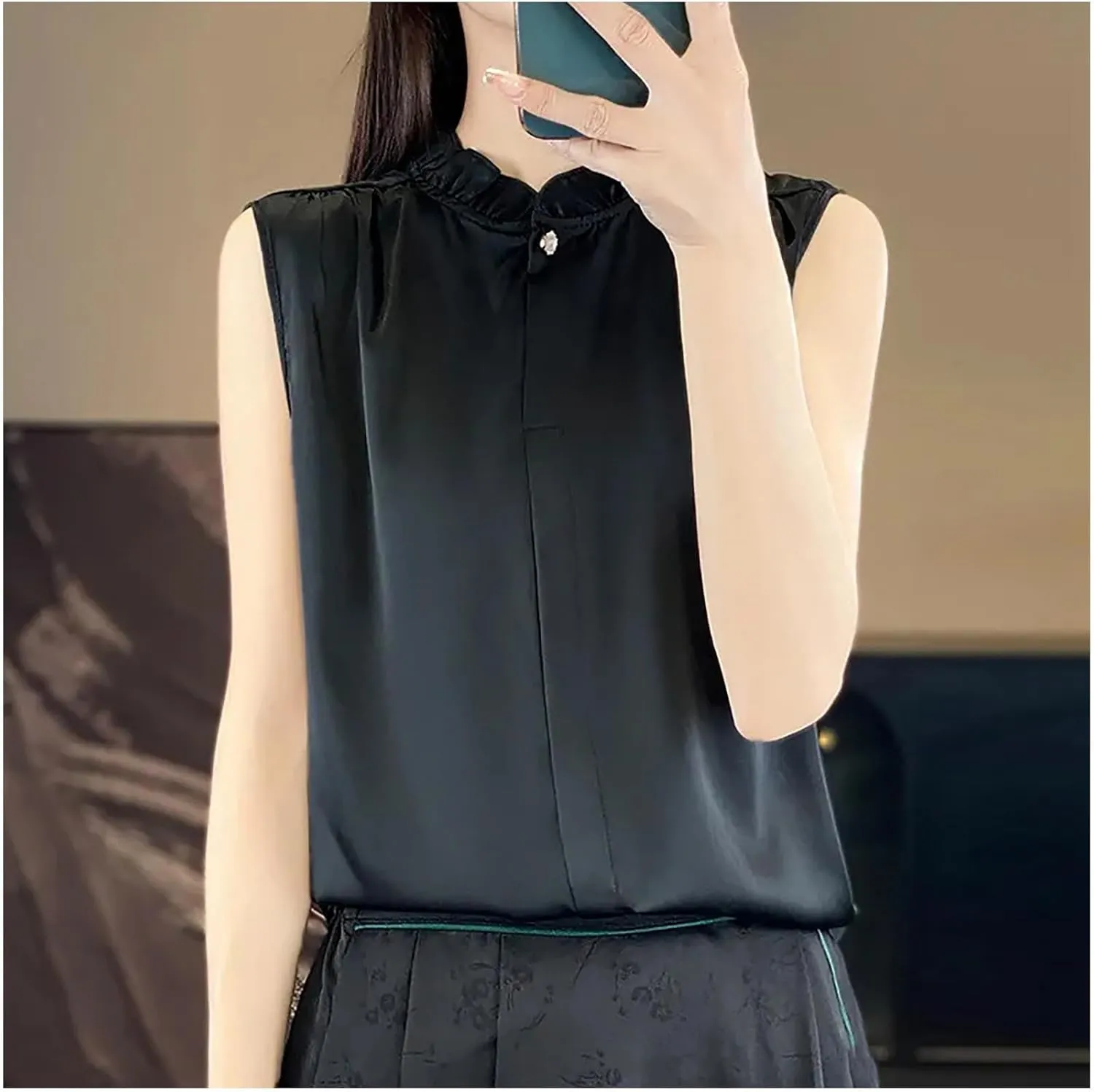 HGps8w Womens Dressy Ruffle Mock Neck Summer Tank Tops - Sleeveless Elegant Business Casual Blouse Going Out Tee Shirts