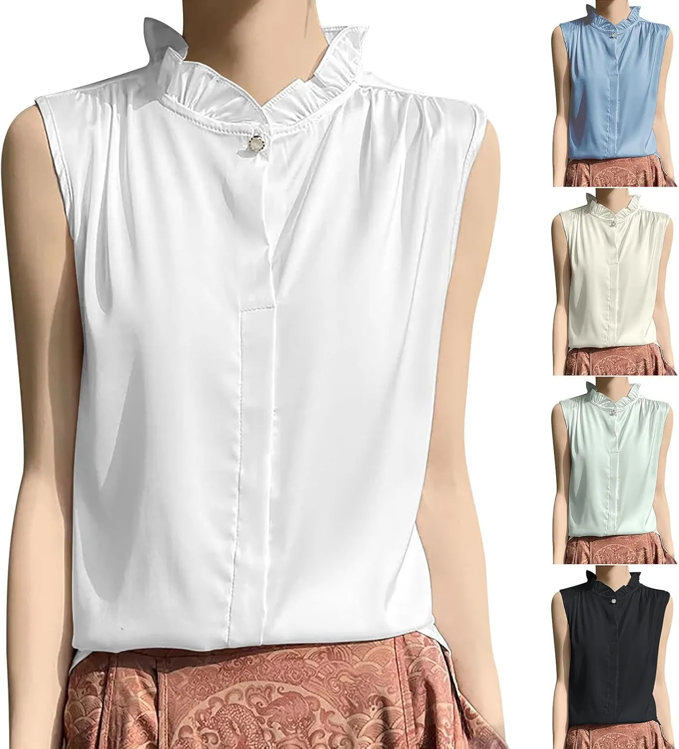 HGps8w Womens Dressy Ruffle Mock Neck Summer Tank Tops - Sleeveless Elegant Business Casual Blouse Going Out Tee Shirts