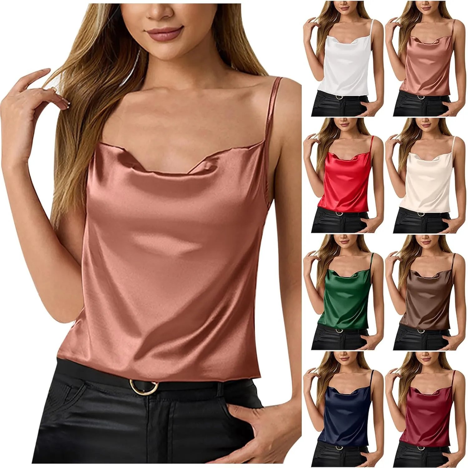 HGps8w Women's Satin Cowl Neck Summer Tank Tops - Elegant Business Casual Camisole Spaghetti Strap Going Out Tee Shirts