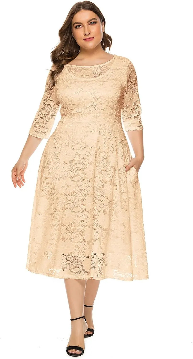 IWEMEK Women Plus Size Floral Lace 3/4 Sleeve Wedding Cocktail Swing Midi Dress with Pockets Casual Evening Party Prom Dress