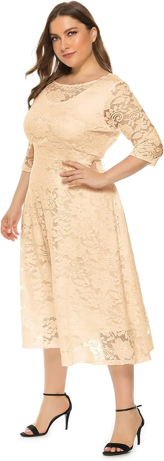 IWEMEK Women Plus Size Floral Lace 3/4 Sleeve Wedding Cocktail Swing Midi Dress with Pockets Casual Evening Party Prom Dress