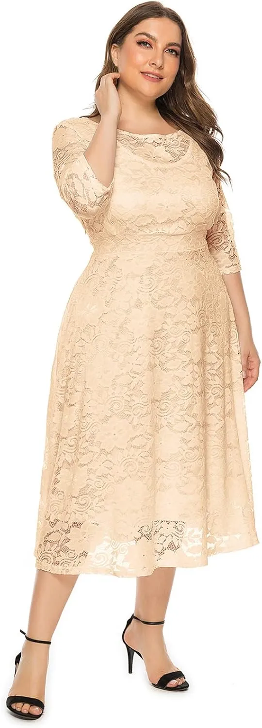 IWEMEK Women Plus Size Floral Lace 3/4 Sleeve Wedding Cocktail Swing Midi Dress with Pockets Casual Evening Party Prom Dress