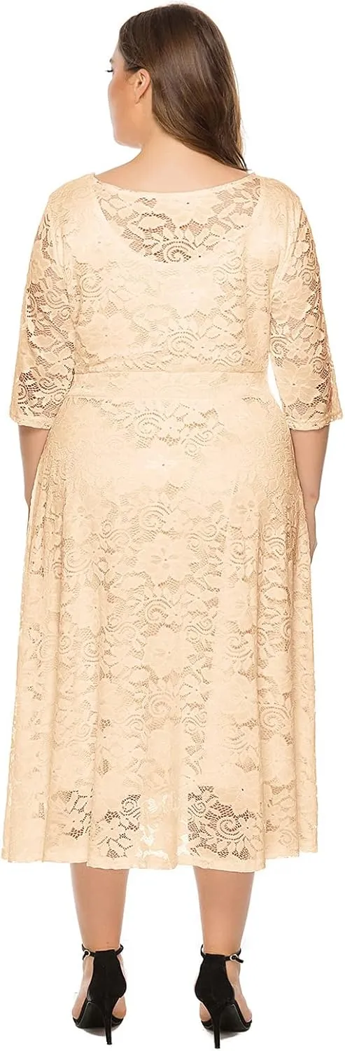 IWEMEK Women Plus Size Floral Lace 3/4 Sleeve Wedding Cocktail Swing Midi Dress with Pockets Casual Evening Party Prom Dress