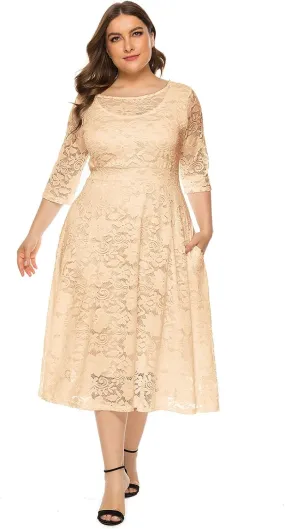 IWEMEK Women Plus Size Floral Lace 3/4 Sleeve Wedding Cocktail Swing Midi Dress with Pockets Casual Evening Party Prom Dress