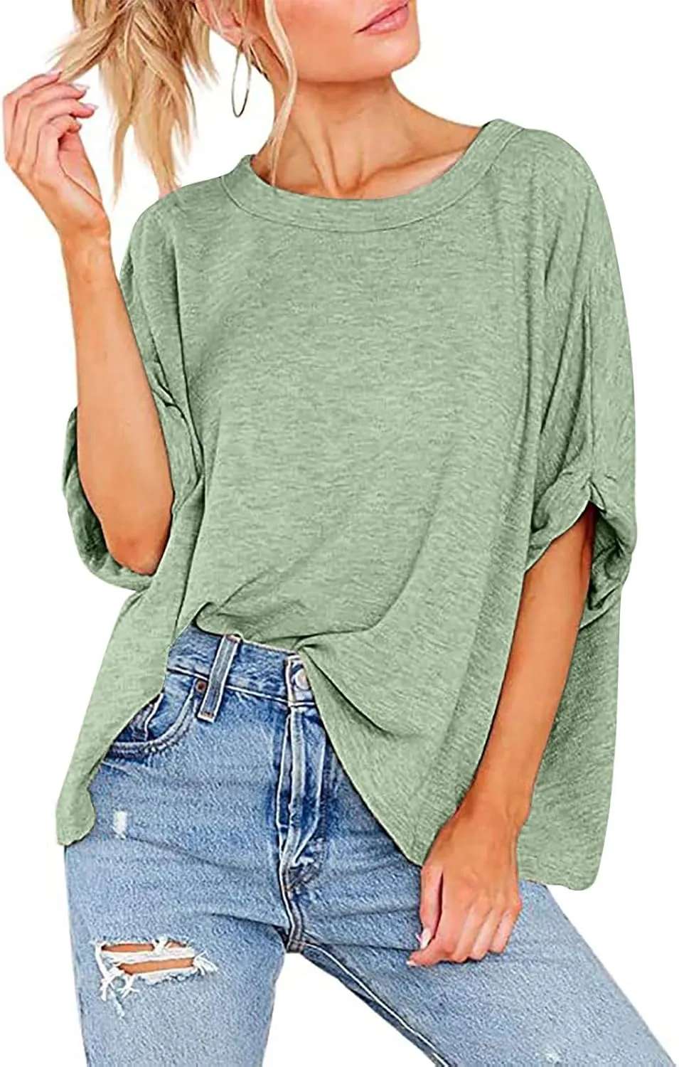 JOAU Women's Oversized T-Shirt Summer Casual Loose Fit Rolled Short Sleeve Round Neck Basic Tops Workout Gym Tee Shirts