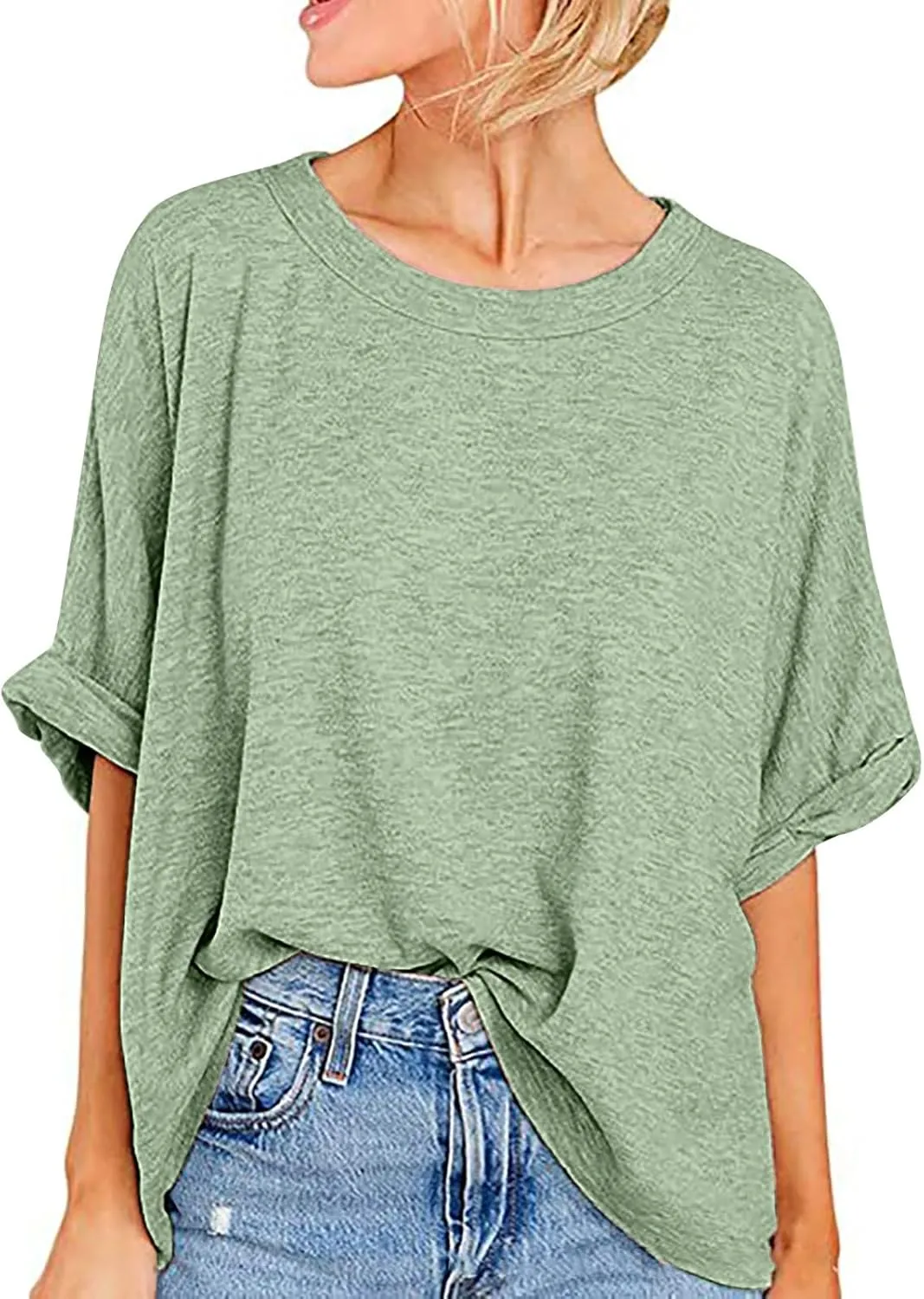 JOAU Women's Oversized T-Shirt Summer Casual Loose Fit Rolled Short Sleeve Round Neck Basic Tops Workout Gym Tee Shirts