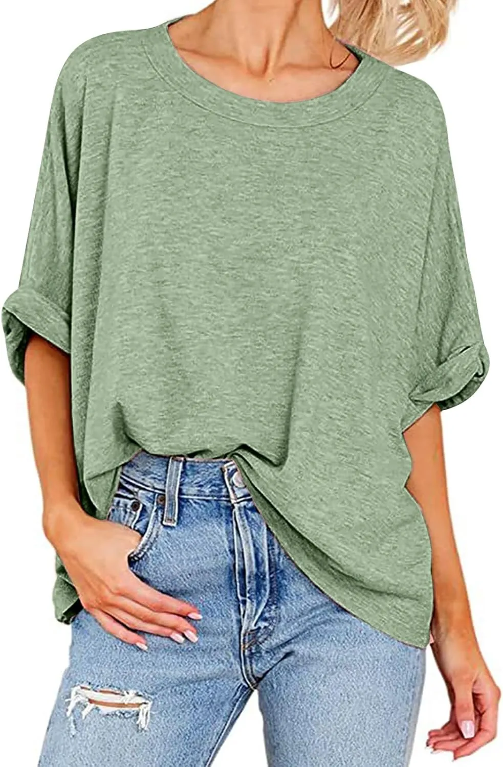 JOAU Women's Oversized T-Shirt Summer Casual Loose Fit Rolled Short Sleeve Round Neck Basic Tops Workout Gym Tee Shirts