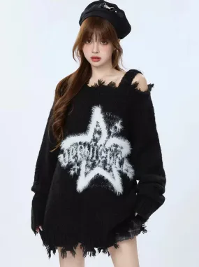 Lazy Off-Shoulder Star Ripped Retro Knit American