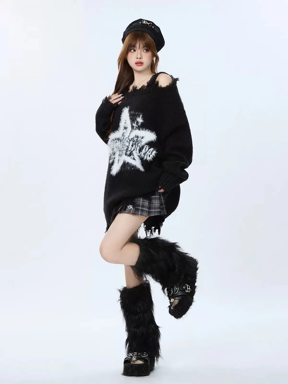 Lazy Off-Shoulder Star Ripped Retro Knit American