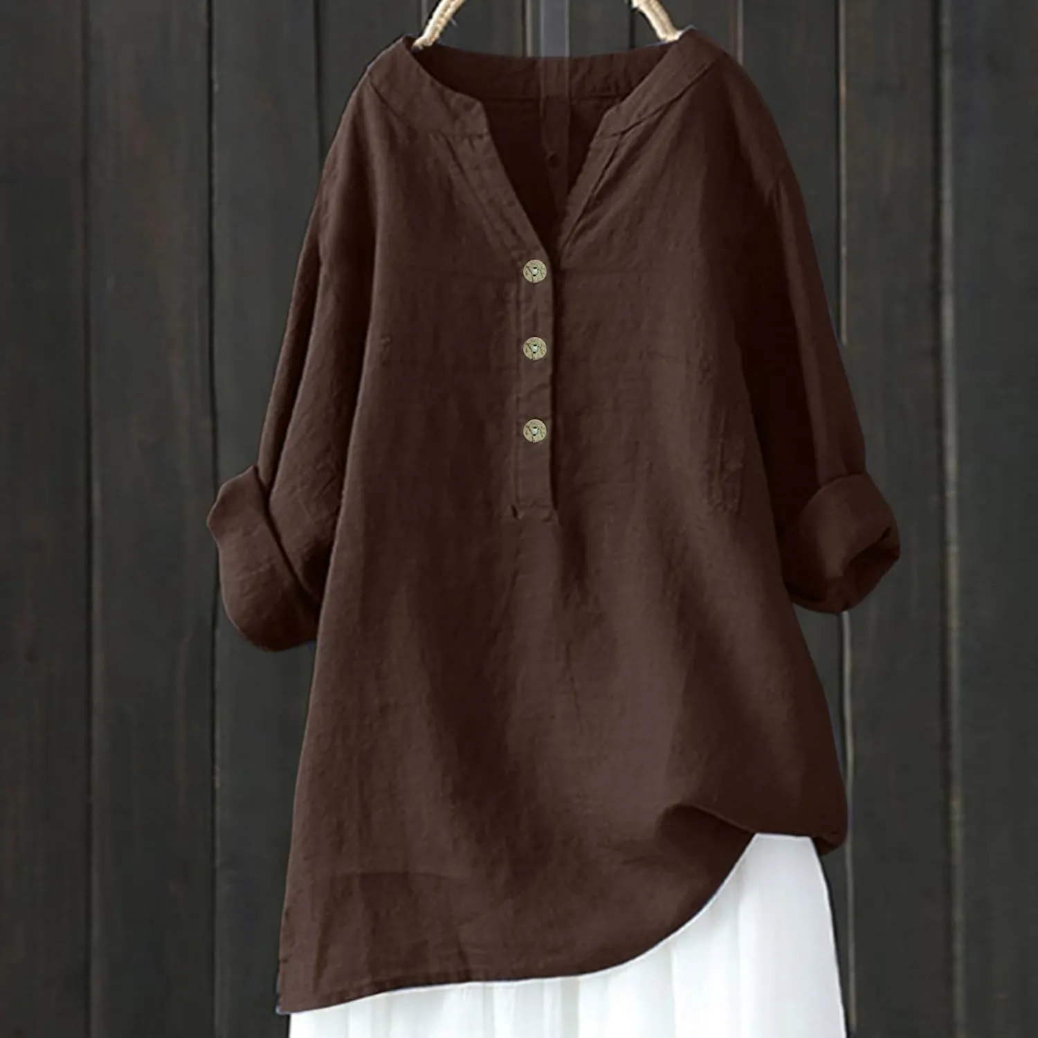 Linen Shirts for Women 3/4 Sleeve V Neck Solid Color Loose Blouses Buttons Plus Size Fit T-Shirts Summer Holiday Tops