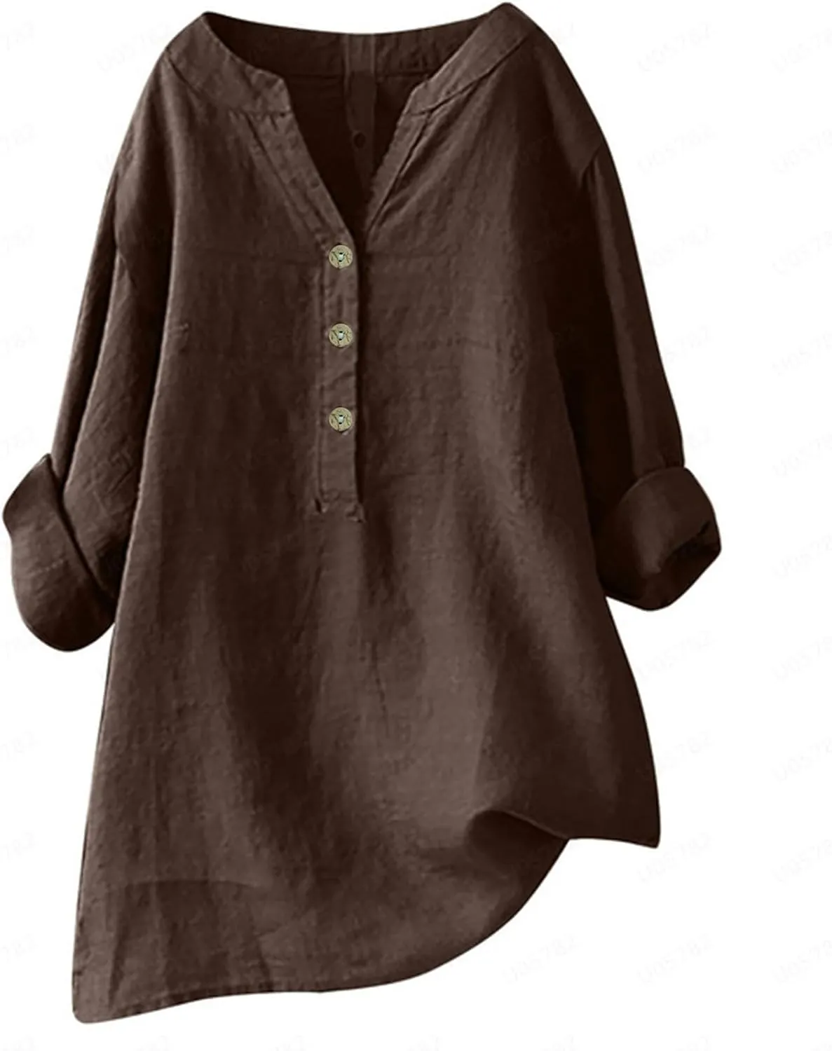 Linen Shirts for Women 3/4 Sleeve V Neck Solid Color Loose Blouses Buttons Plus Size Fit T-Shirts Summer Holiday Tops