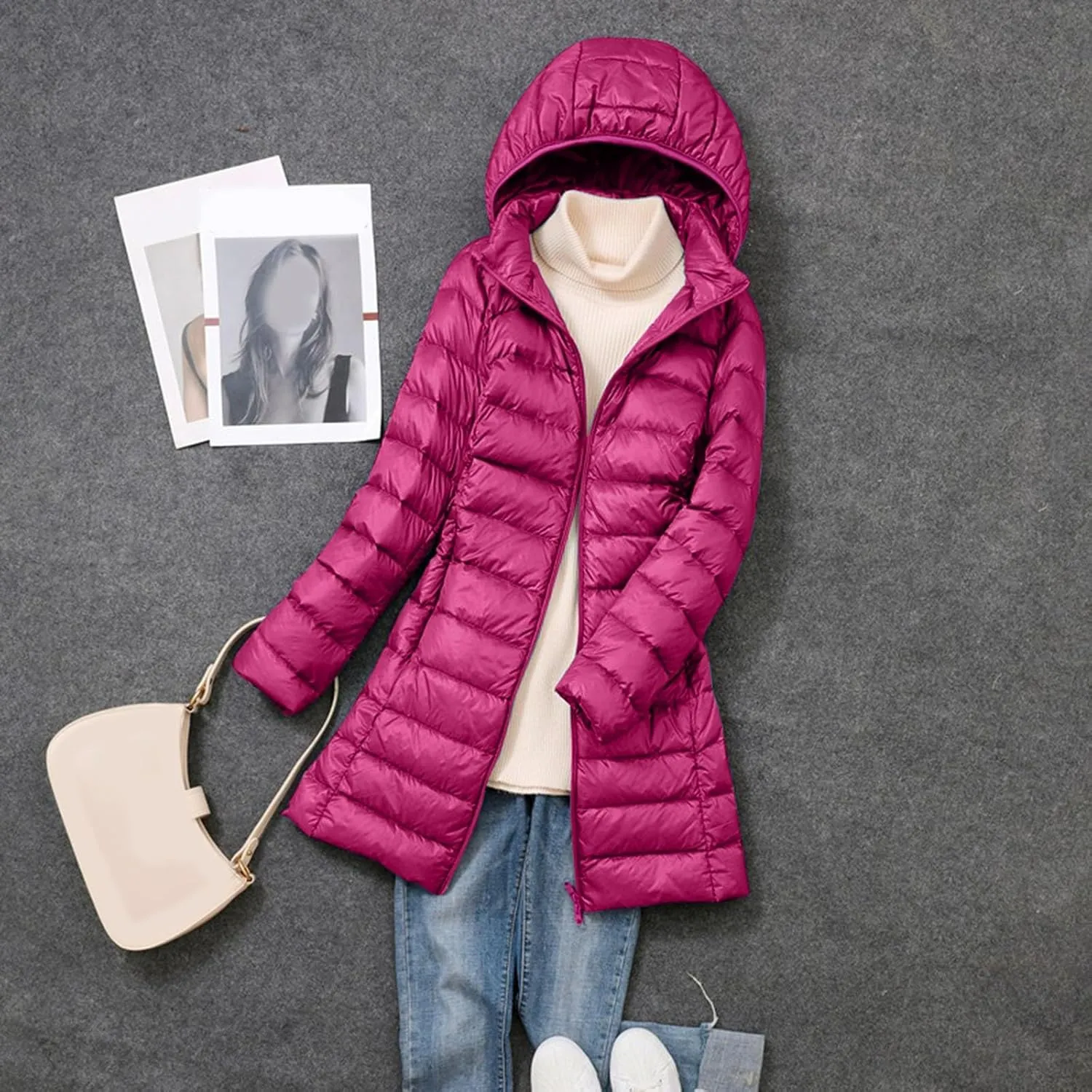 Long Puffer Jacket for Women Ultra Light Down Packable Hooded Coat 2024 Winter Warm Packable Down Jacket Trendy