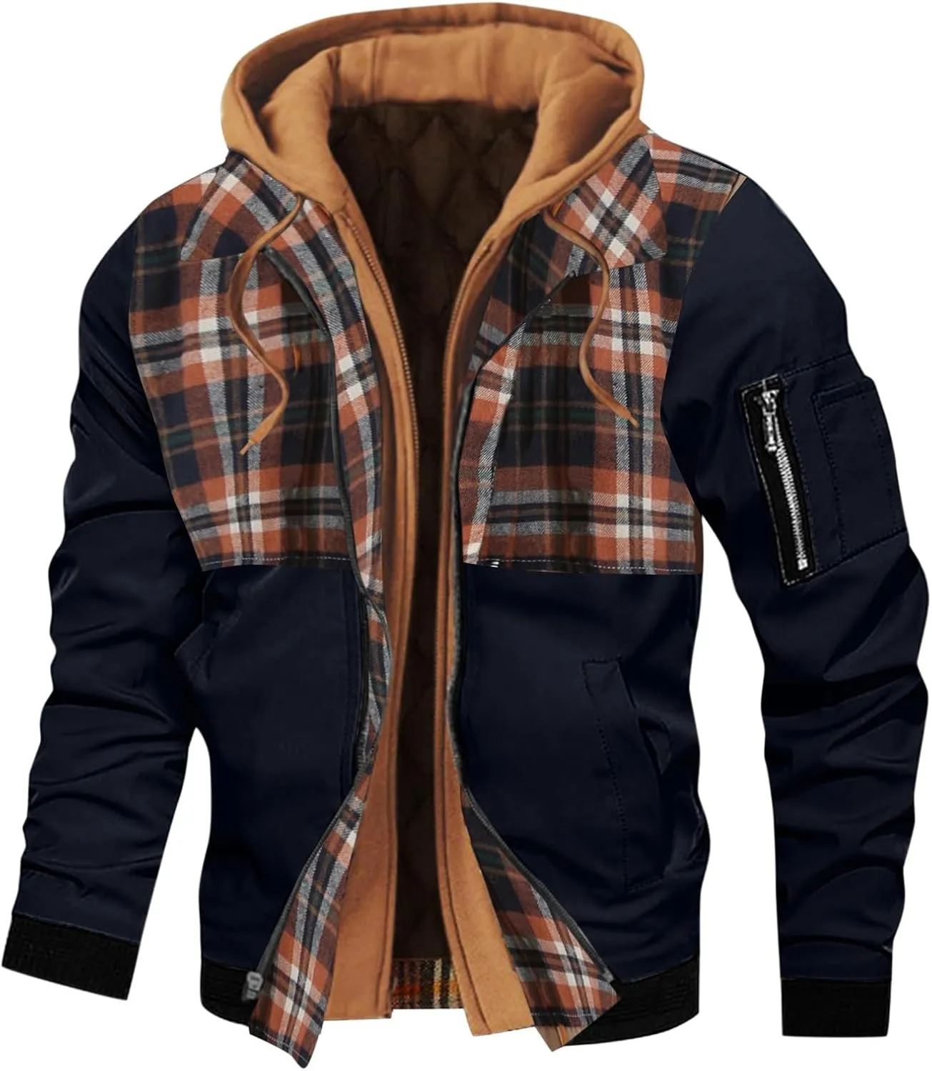 Mens Winter Warm Quilted Lined Flannel Tartan Hooded Jackets Long Sleeve Zip Up Western Moto Biker Thick Coat Outwear